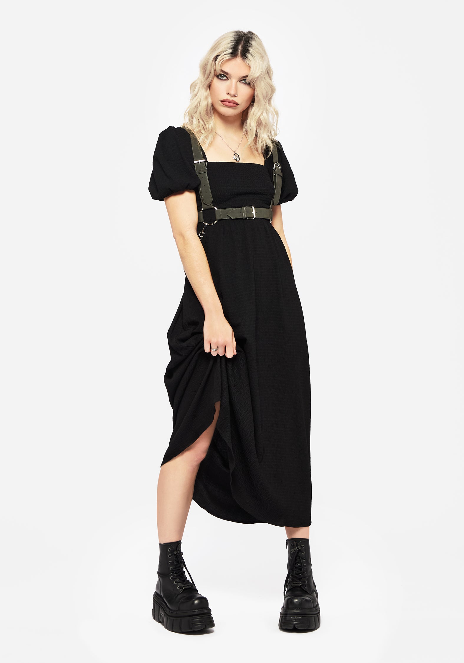 Black Check Midaxi Smock Dress with Puff Sleeves & Pockets