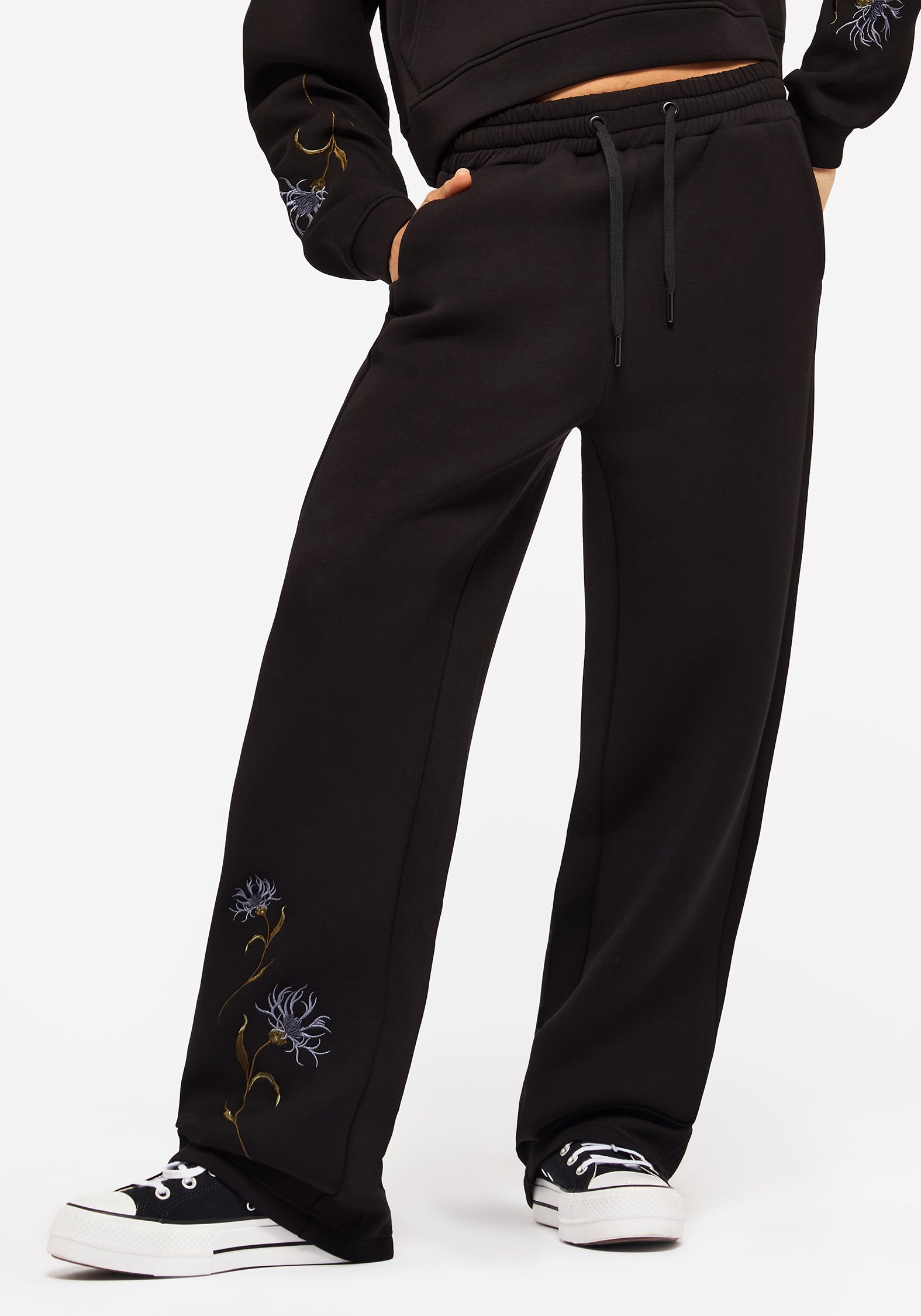 Floral Embroidered Wide Leg Sweatpants with Pockets | Rosanella