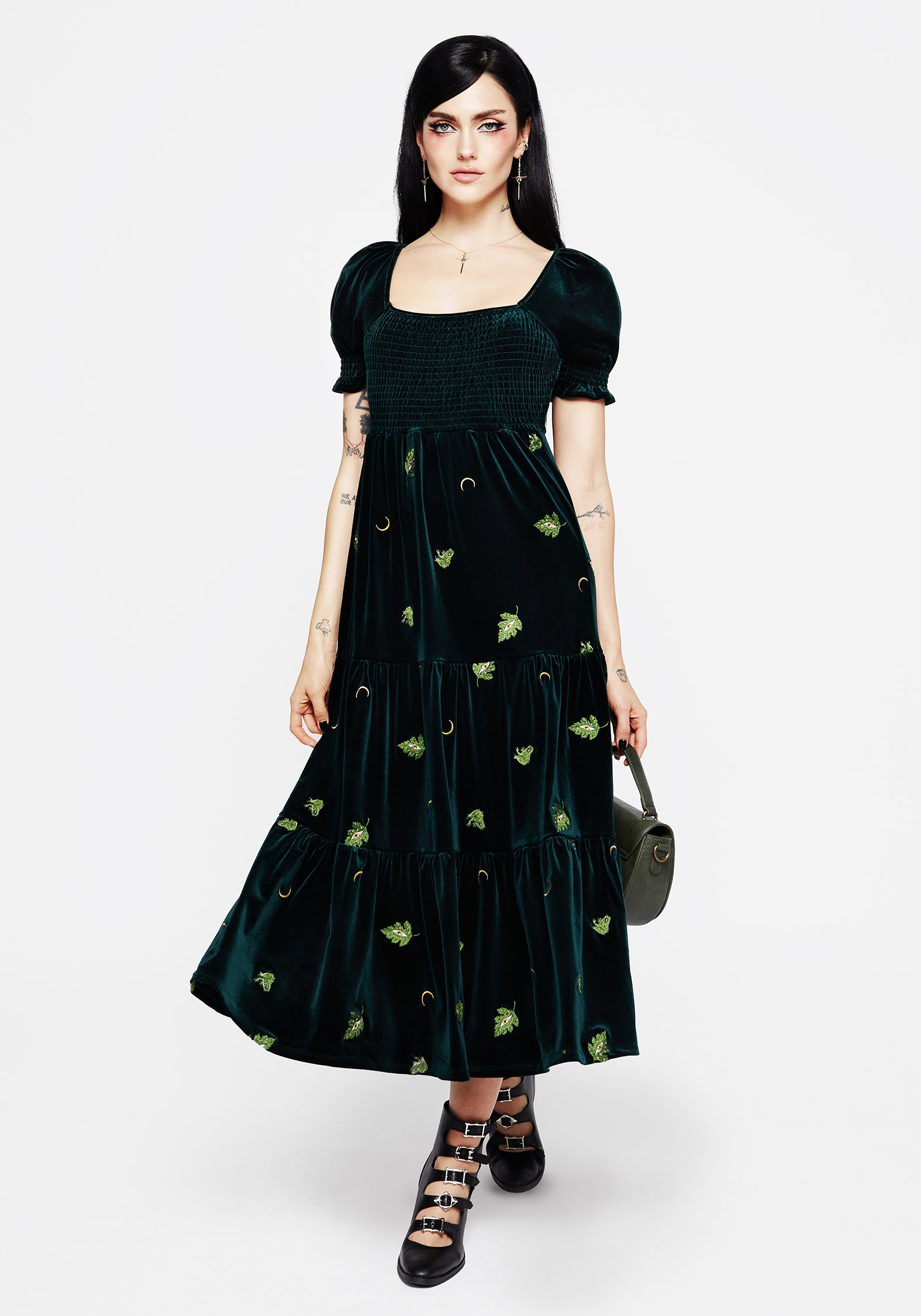 Frog Embroidered Velour Midi Dress with Puff Sleeves | Swamplife