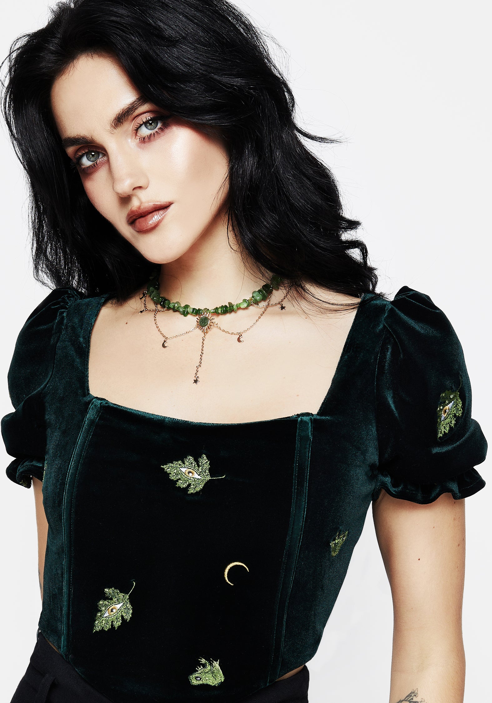 Frog Embroidered Velour Corset Top with Puff Sleeves | Swamplife