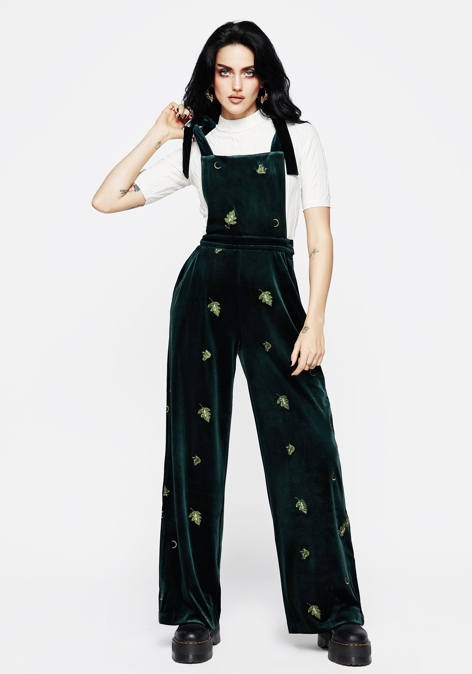 Frog Embroidered Velour Dungarees | Swamplife Wide Leg Jumpsuit