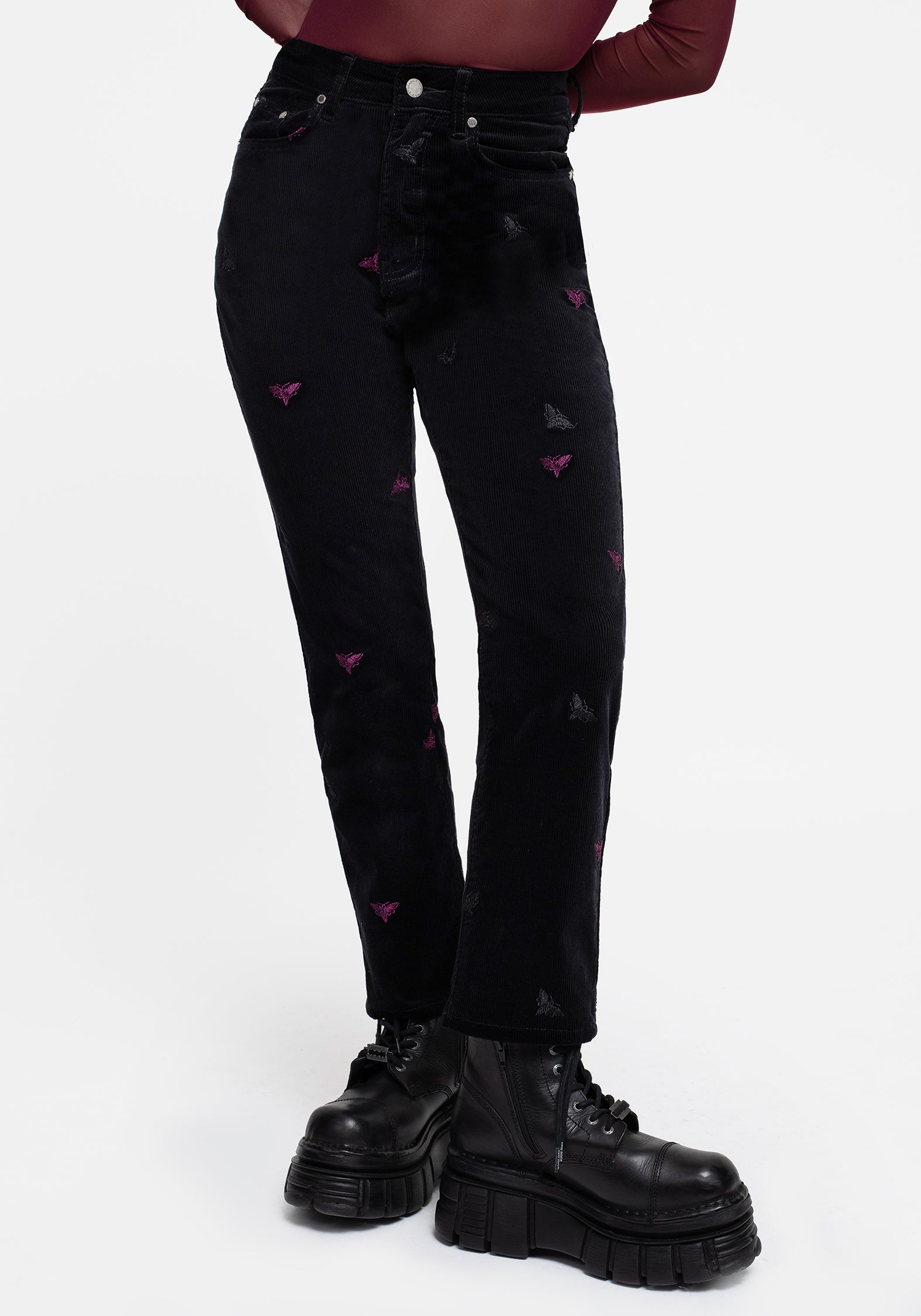 Black Moth Embroidered Cord Trousers - Velvety Fabric & Straight Fit | Styx