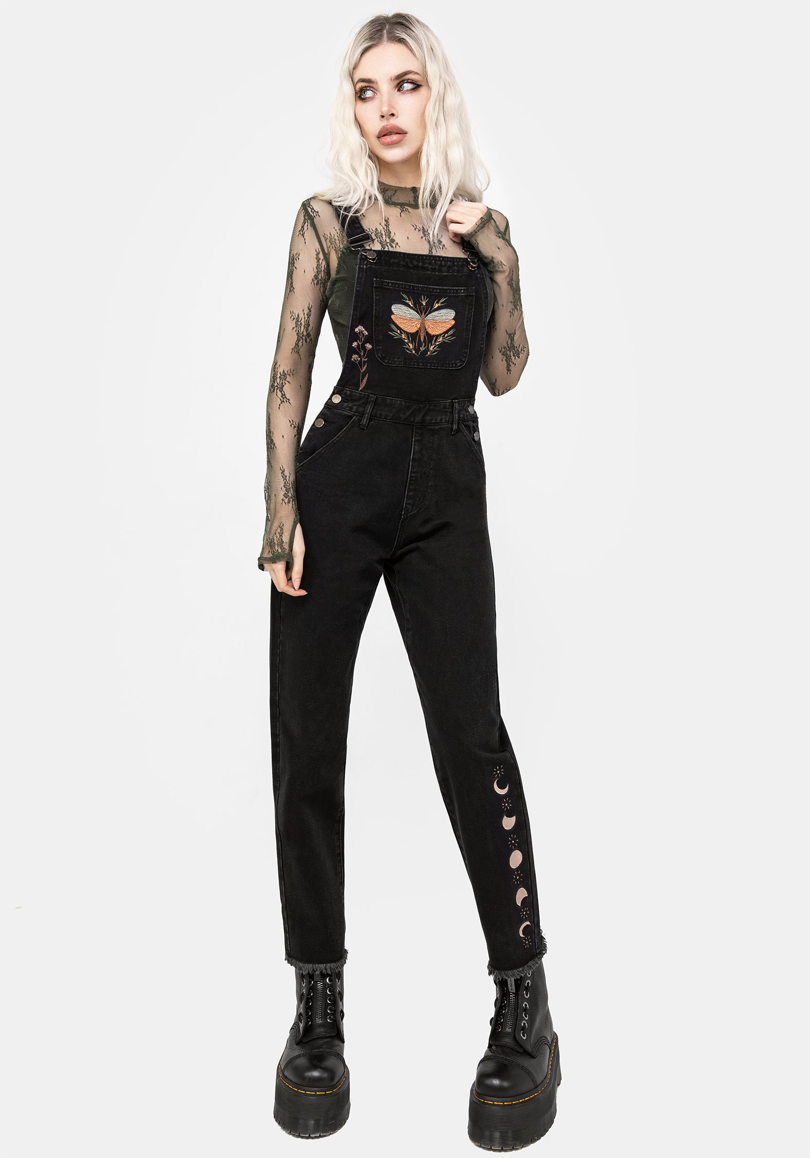 Distressed Denim Dungarees with Insect Embroidery | Griffinfly