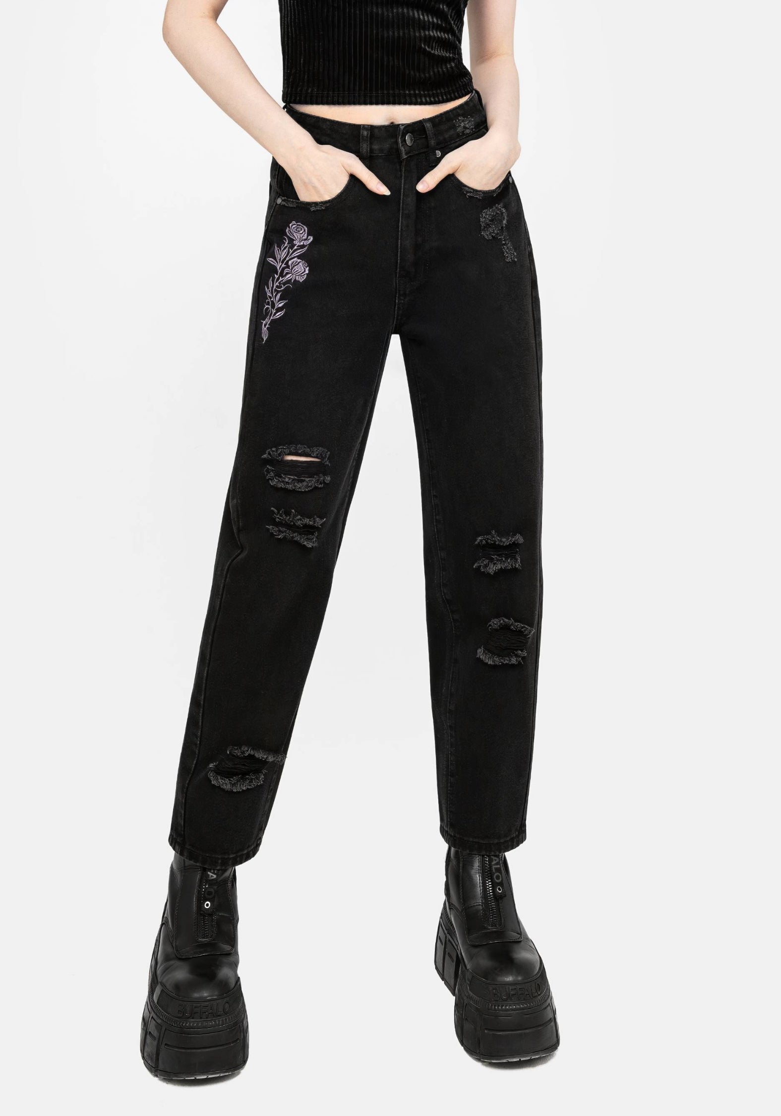 Distressed Denim Jeans with Rose Embroidery | Barrel Leg High-Rise