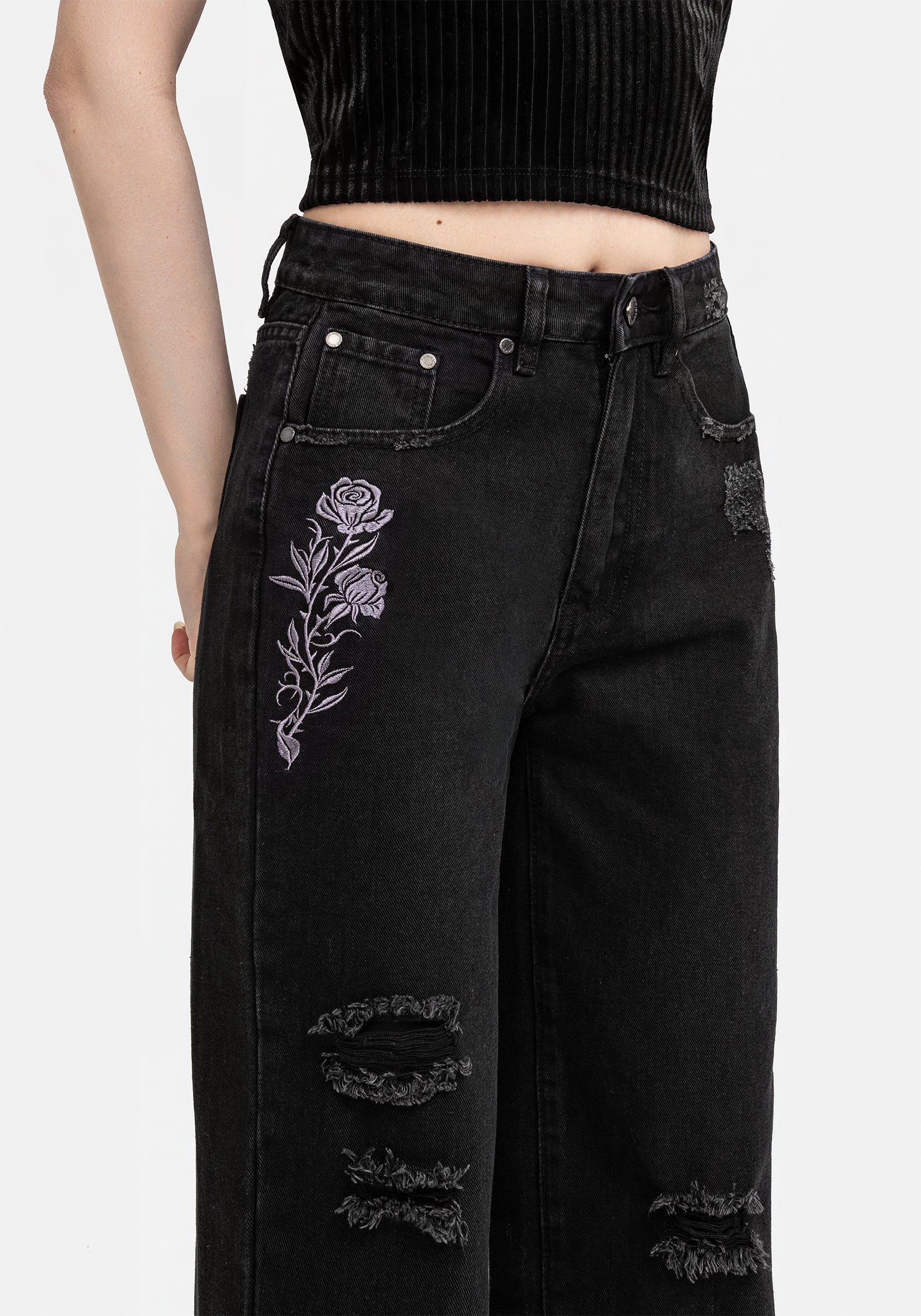 Distressed Denim Jeans with Rose Embroidery | Barrel Leg High-Rise