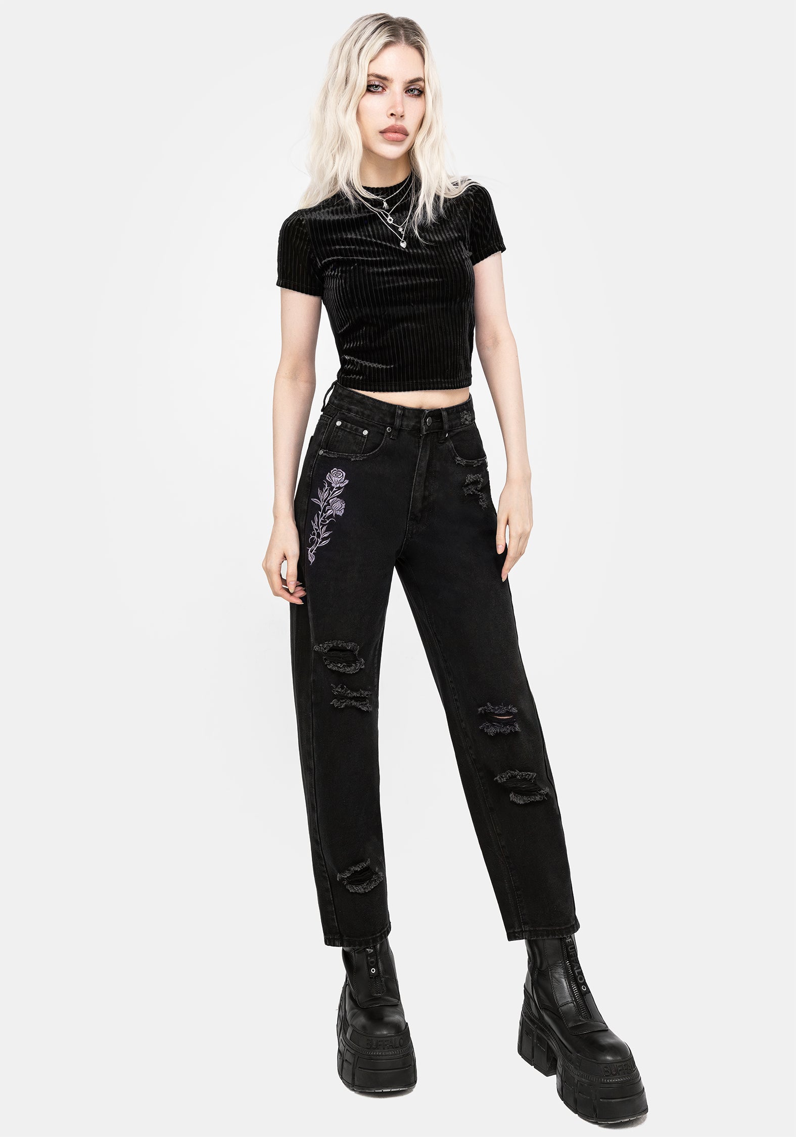 Distressed Denim Jeans with Rose Embroidery | Barrel Leg High-Rise