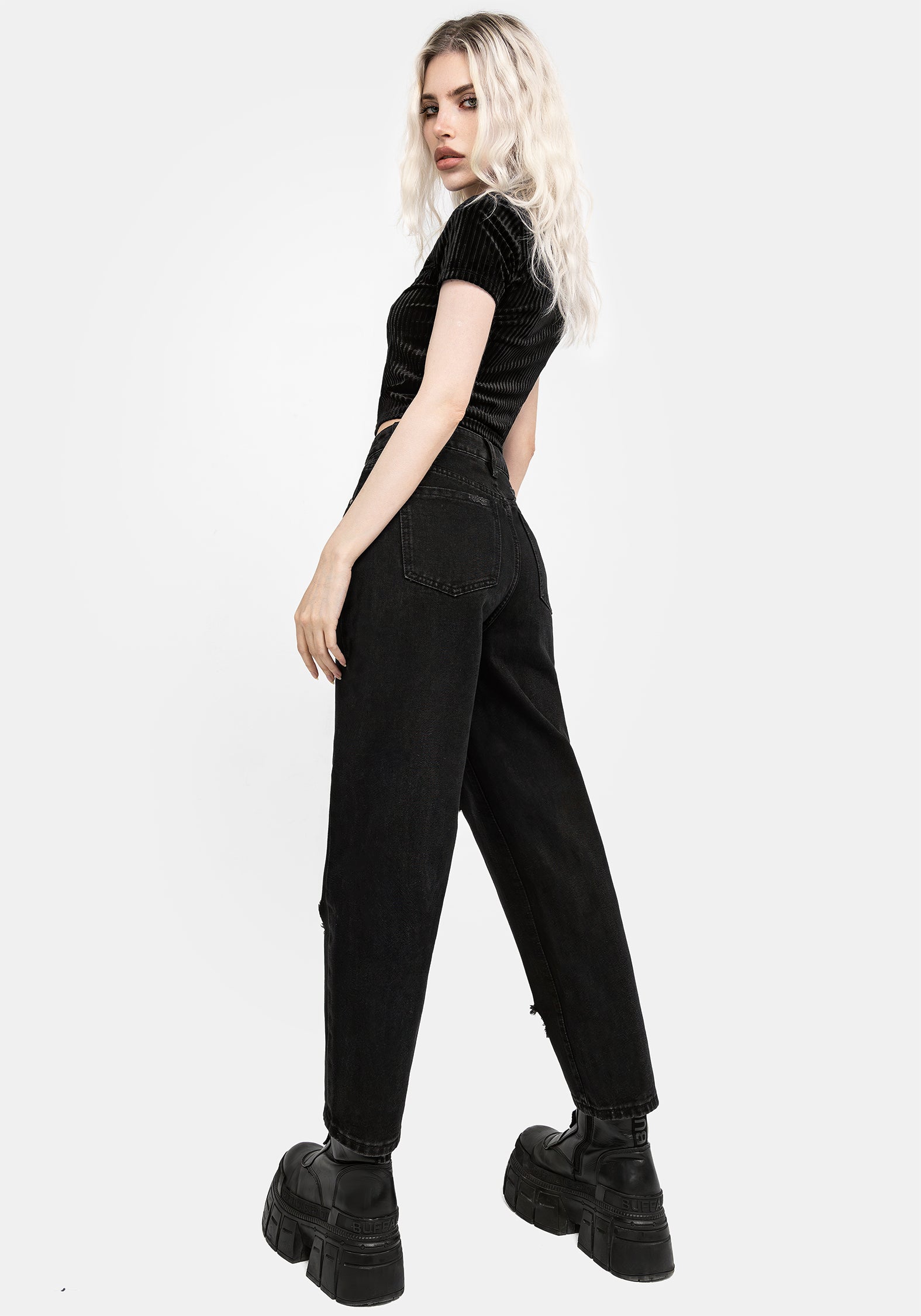 Distressed Denim Jeans with Rose Embroidery | Barrel Leg High-Rise
