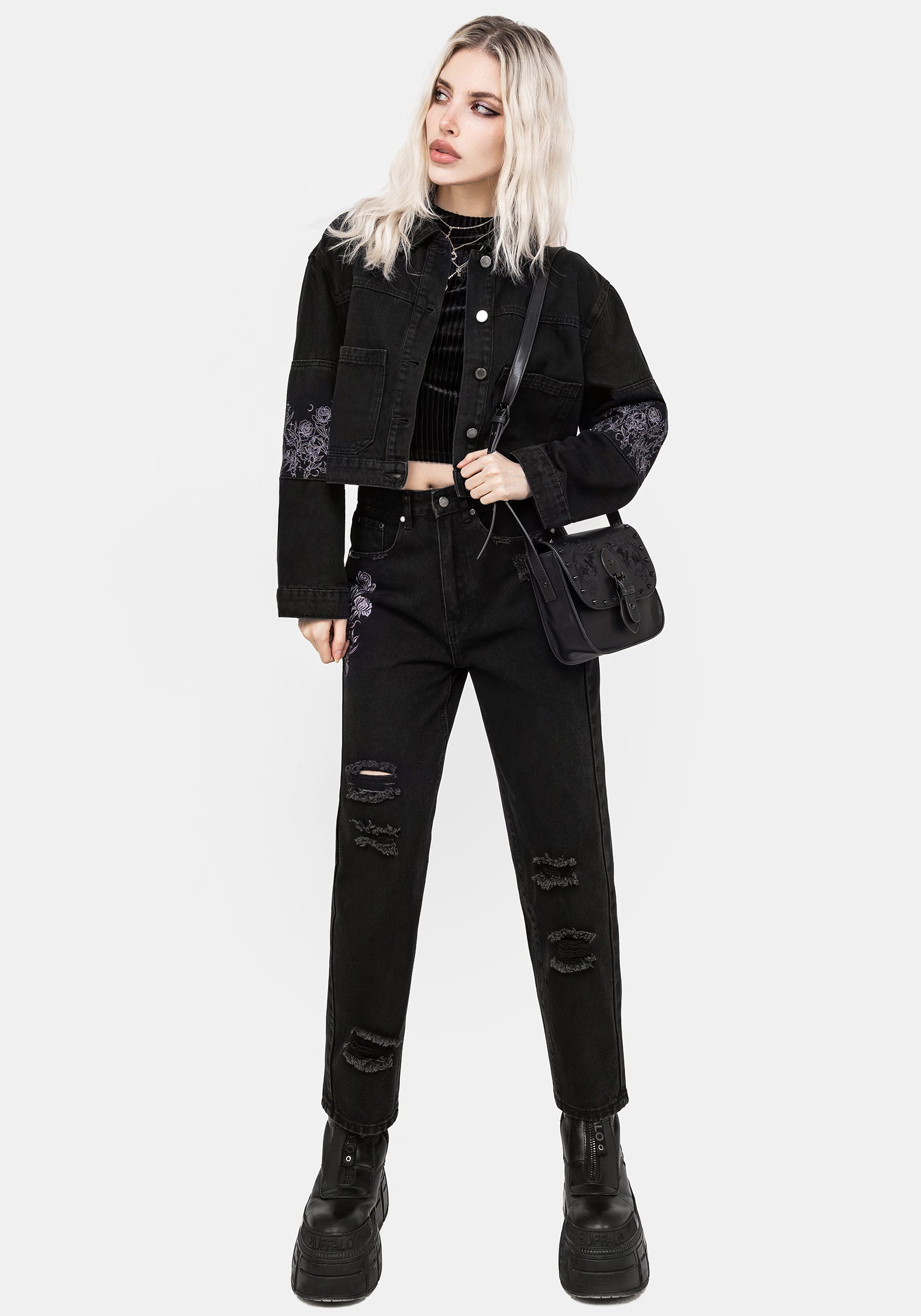Distressed Denim Jeans with Rose Embroidery | Barrel Leg High-Rise