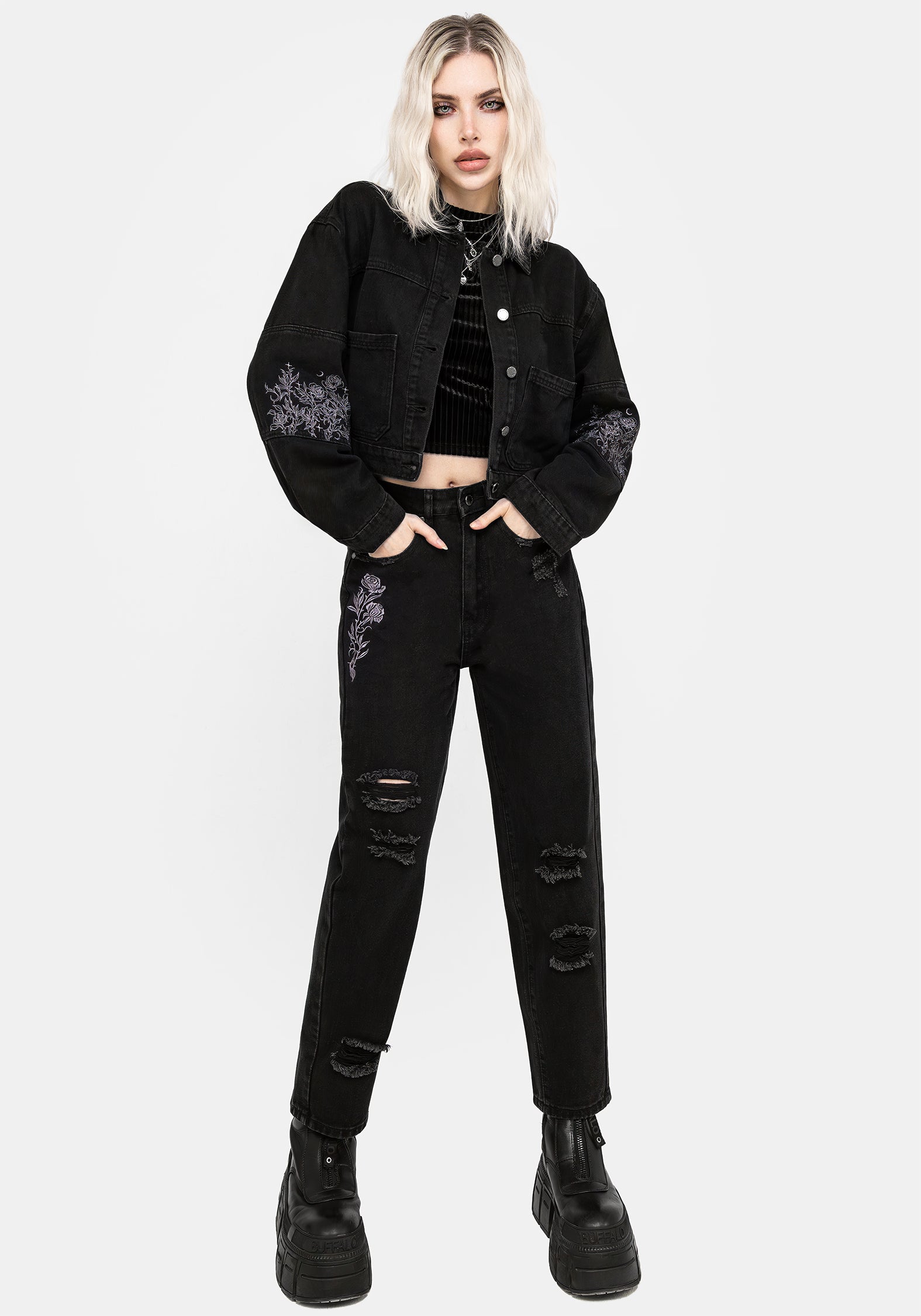Distressed Denim Jeans with Rose Embroidery | Barrel Leg High-Rise