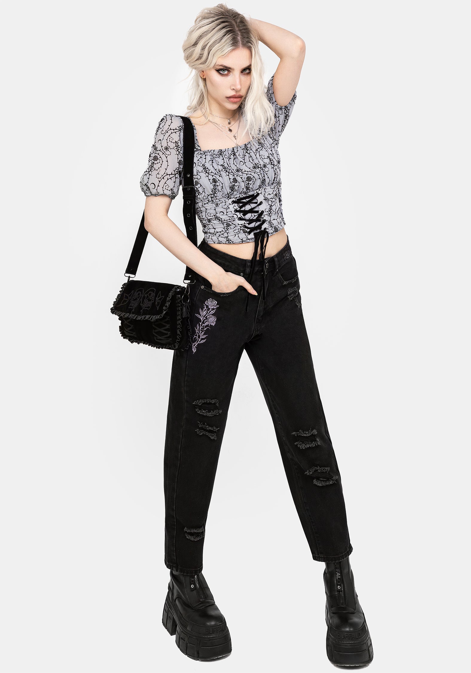 Distressed Denim Jeans with Rose Embroidery | Barrel Leg High-Rise