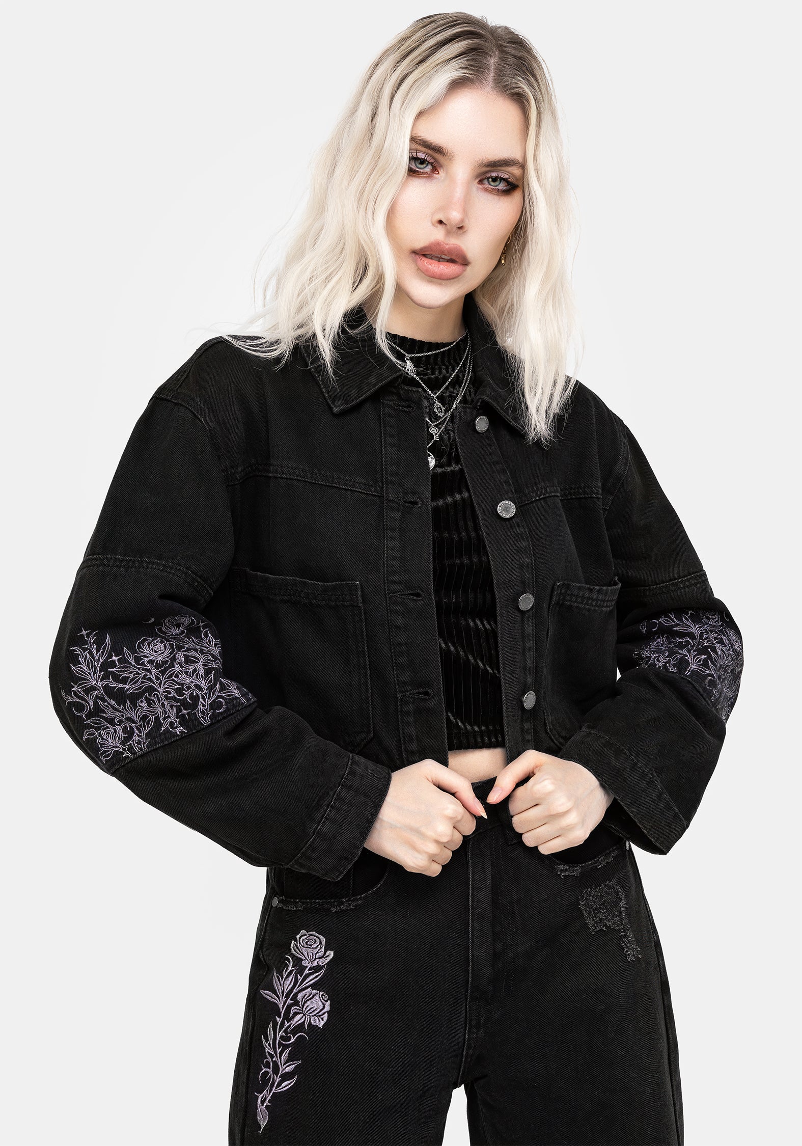 Black Floral Embroidered Denim Jacket | Deadhead Rose