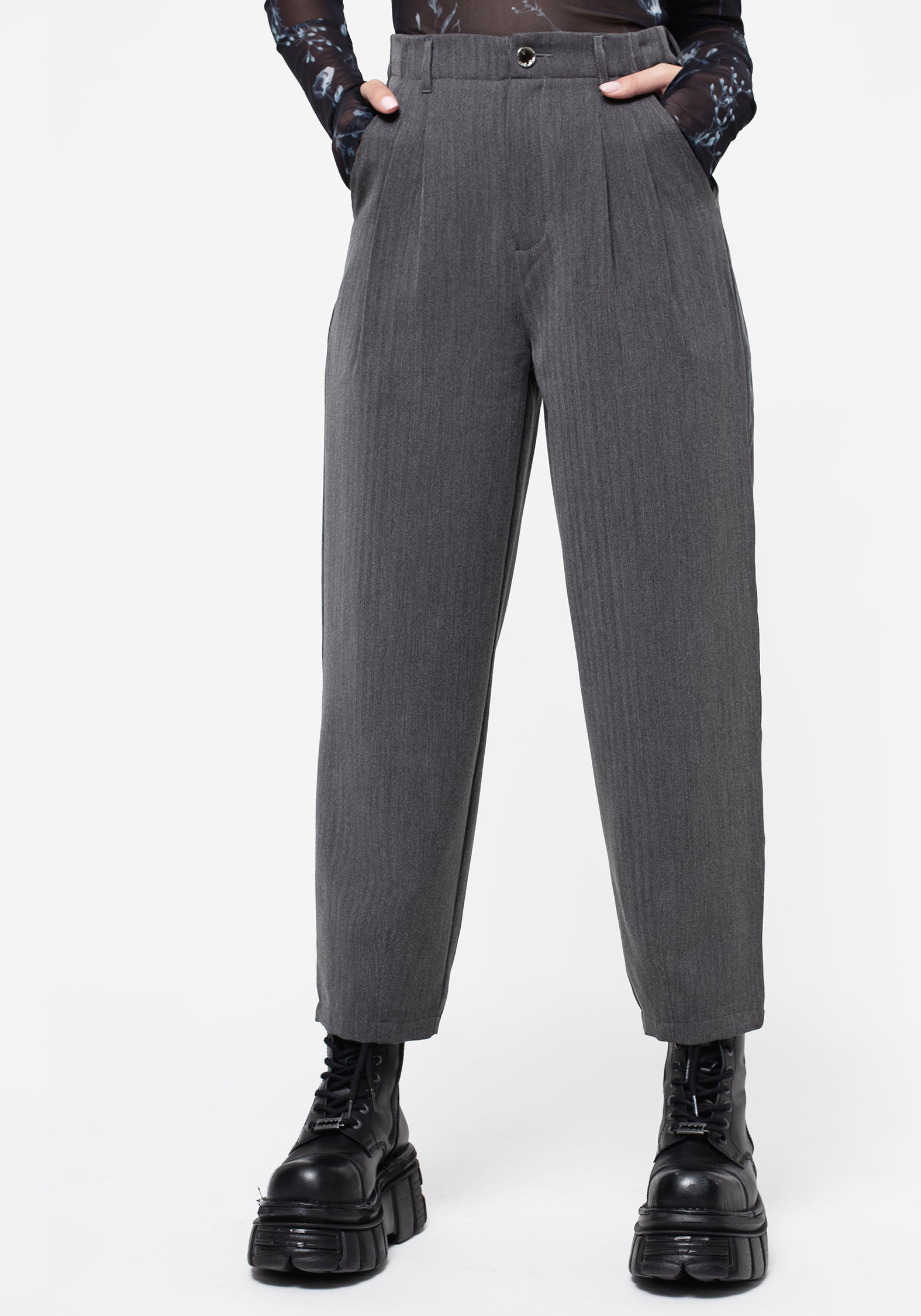 Grey Herringbone Balloon Trousers for Women | High-Rise & Elastic Waist