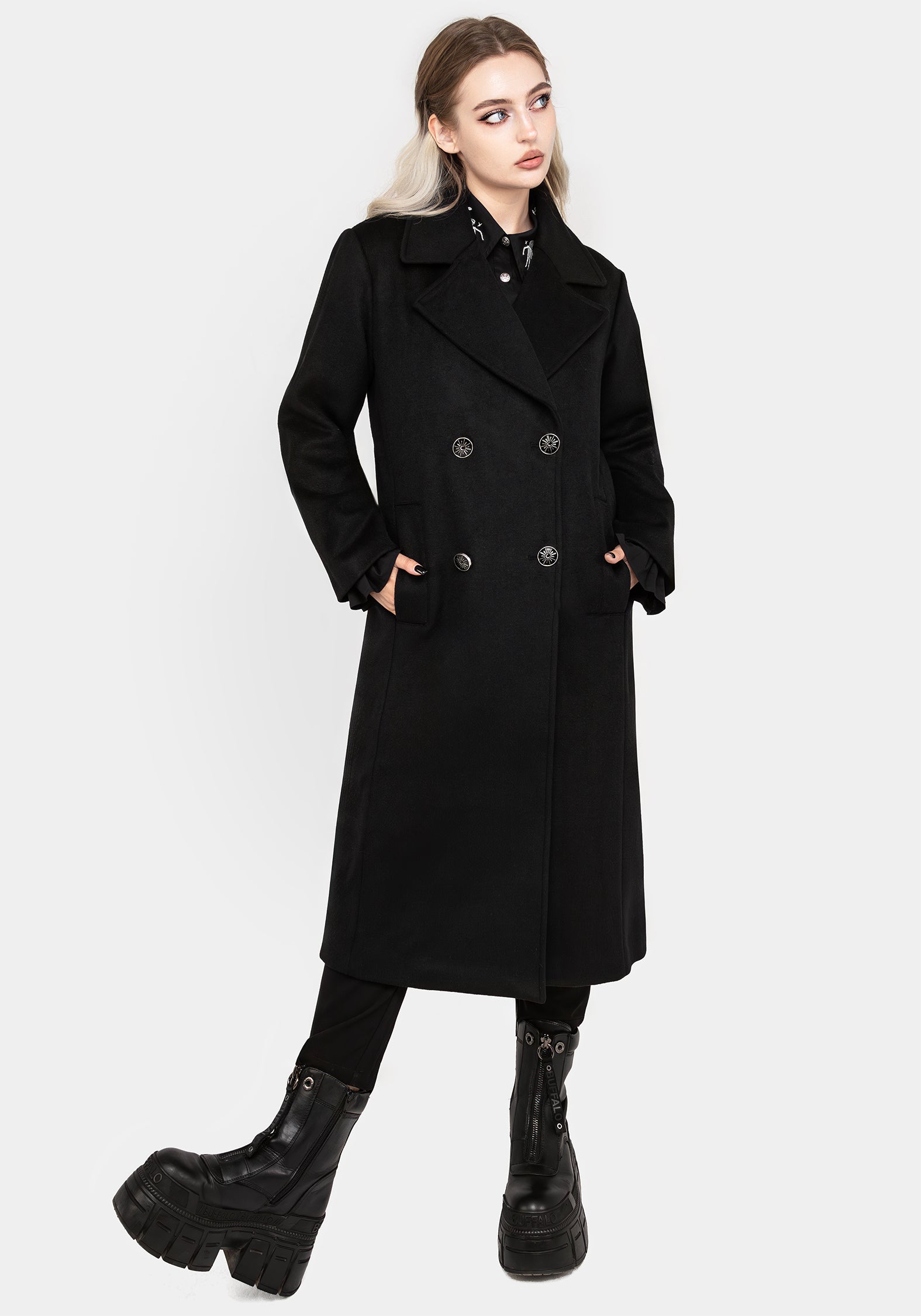 Wool Blend Double Breasted Longline Coat with Moon Buttons | Theia
