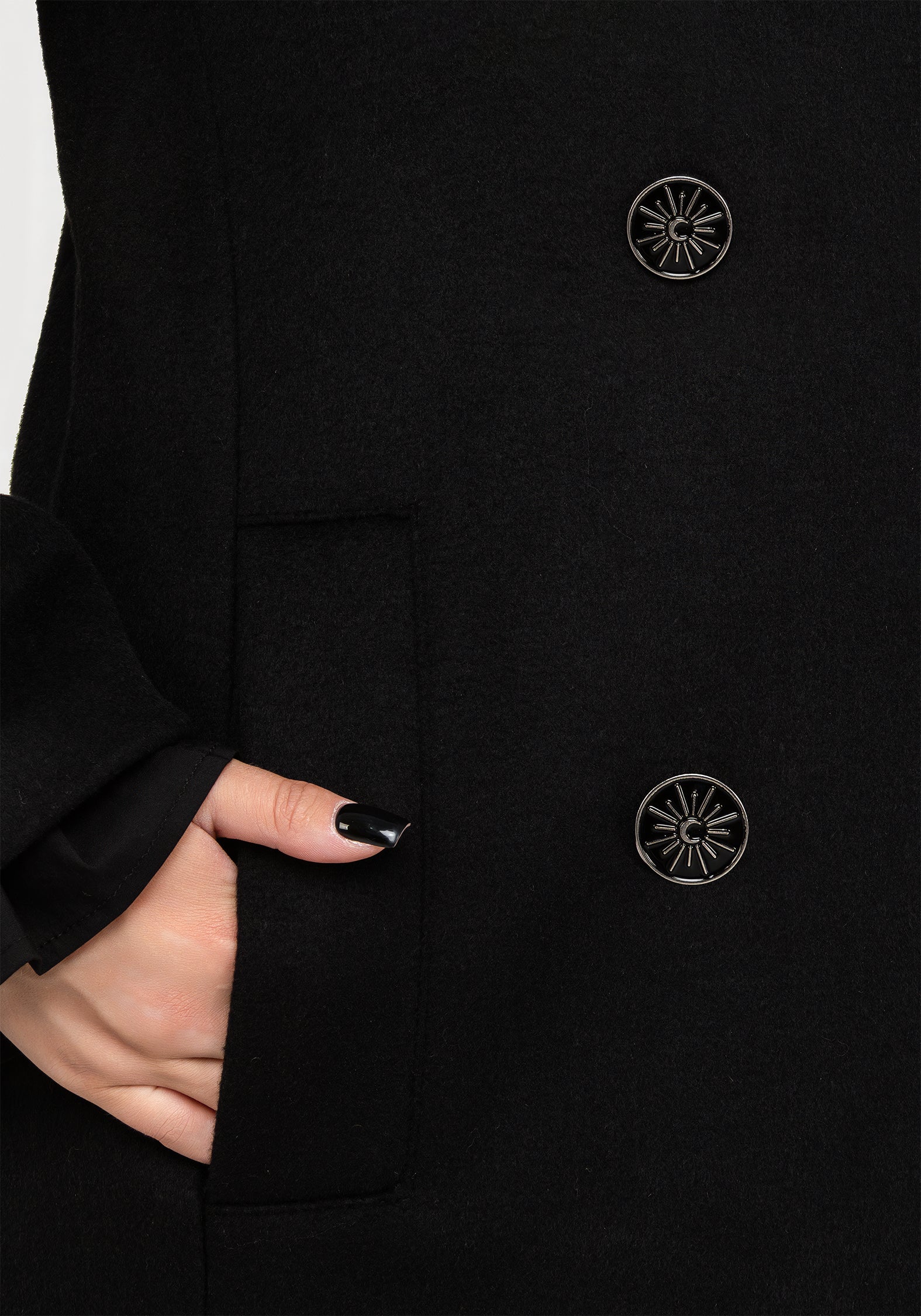 Wool Blend Double Breasted Longline Coat with Moon Buttons | Theia