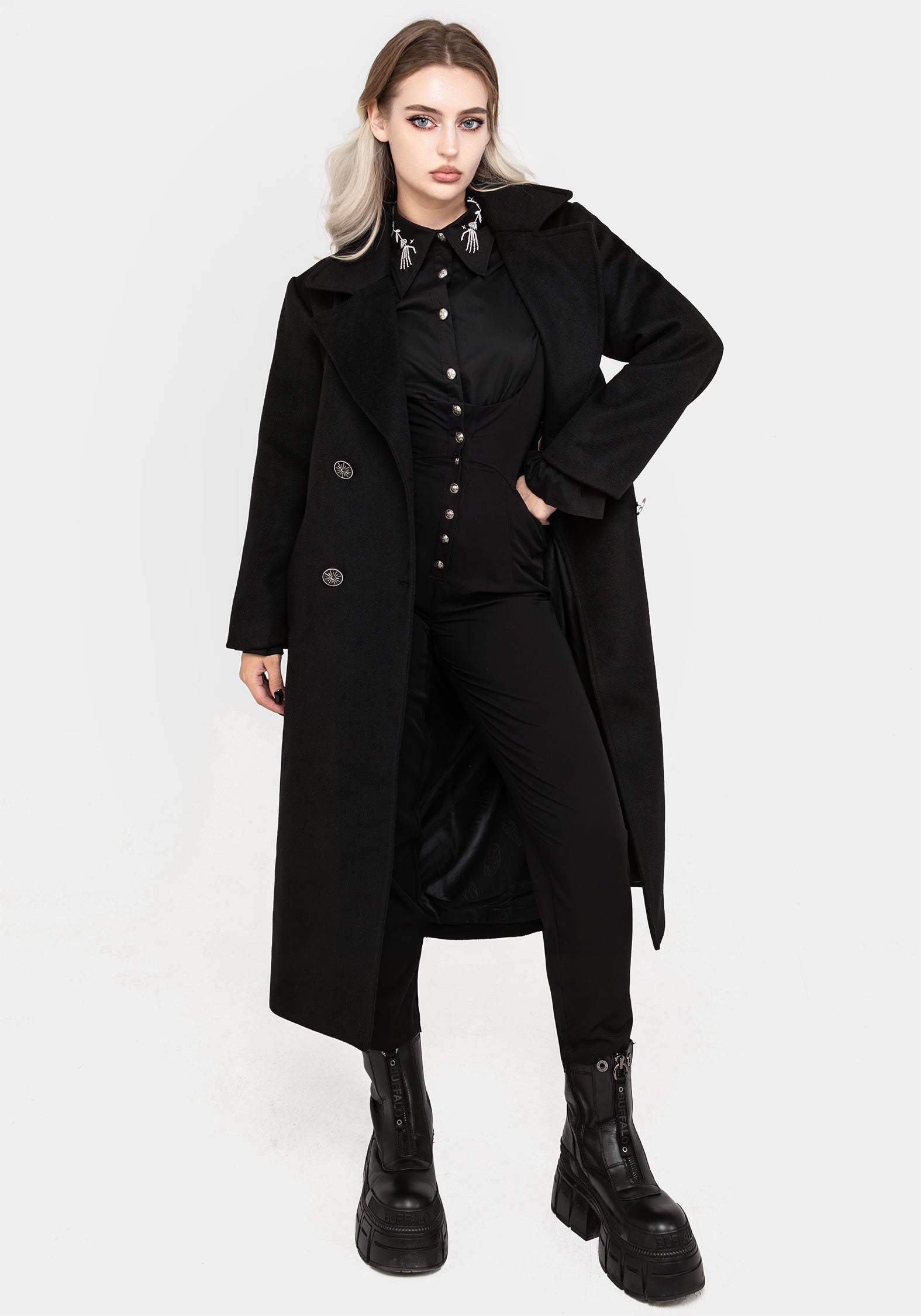 Wool Blend Double Breasted Longline Coat with Moon Buttons | Theia