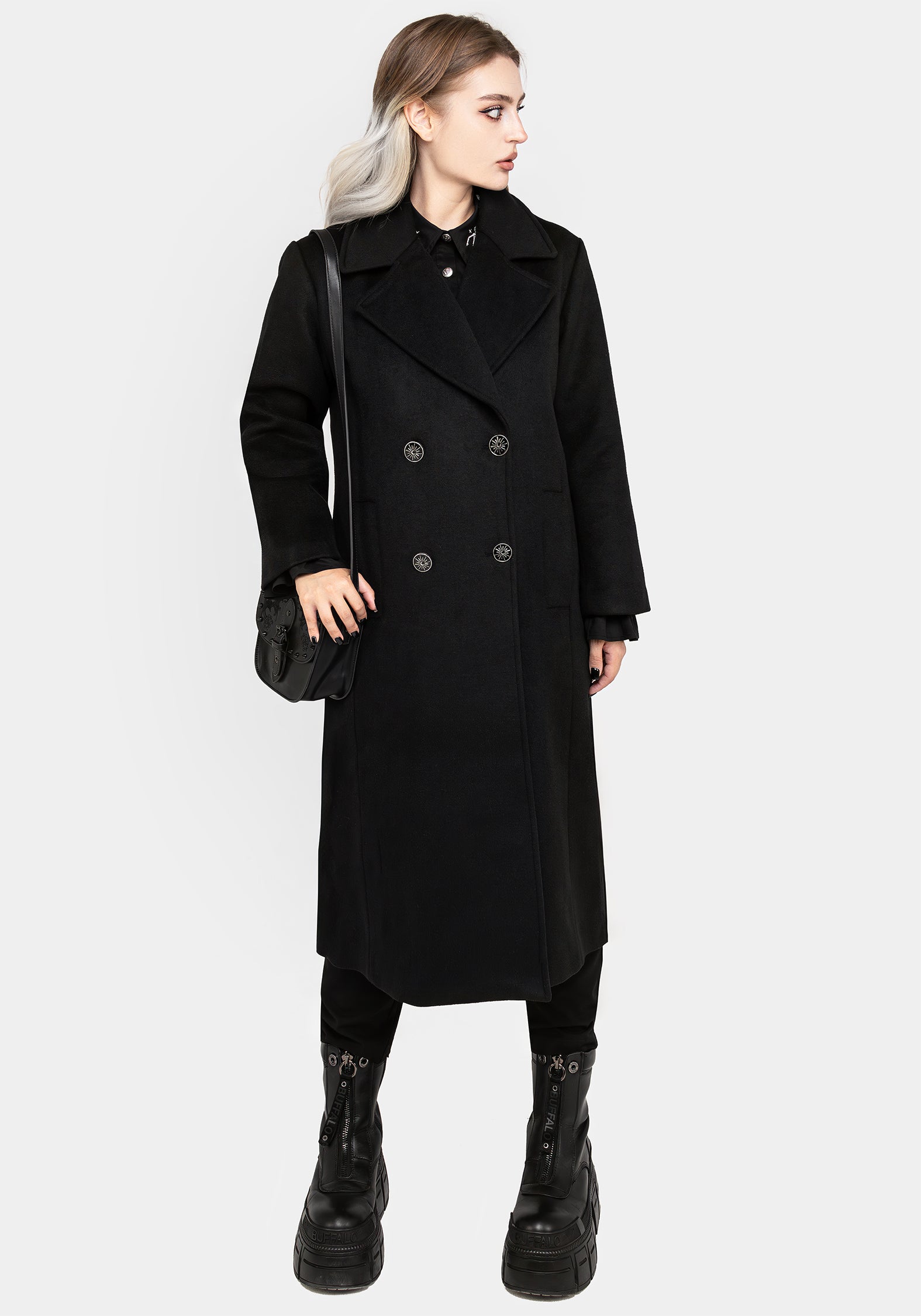 Wool Blend Double Breasted Longline Coat with Moon Buttons | Theia