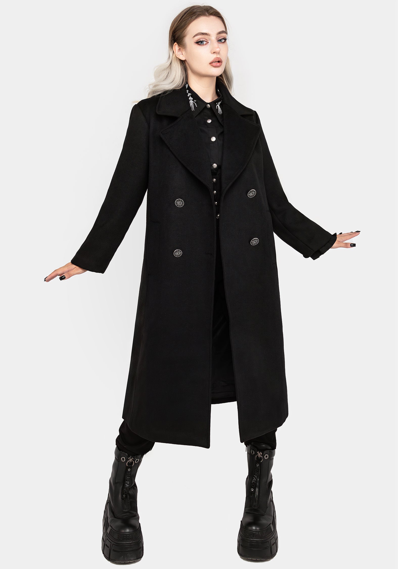 Wool Blend Double Breasted Longline Coat with Moon Buttons | Theia