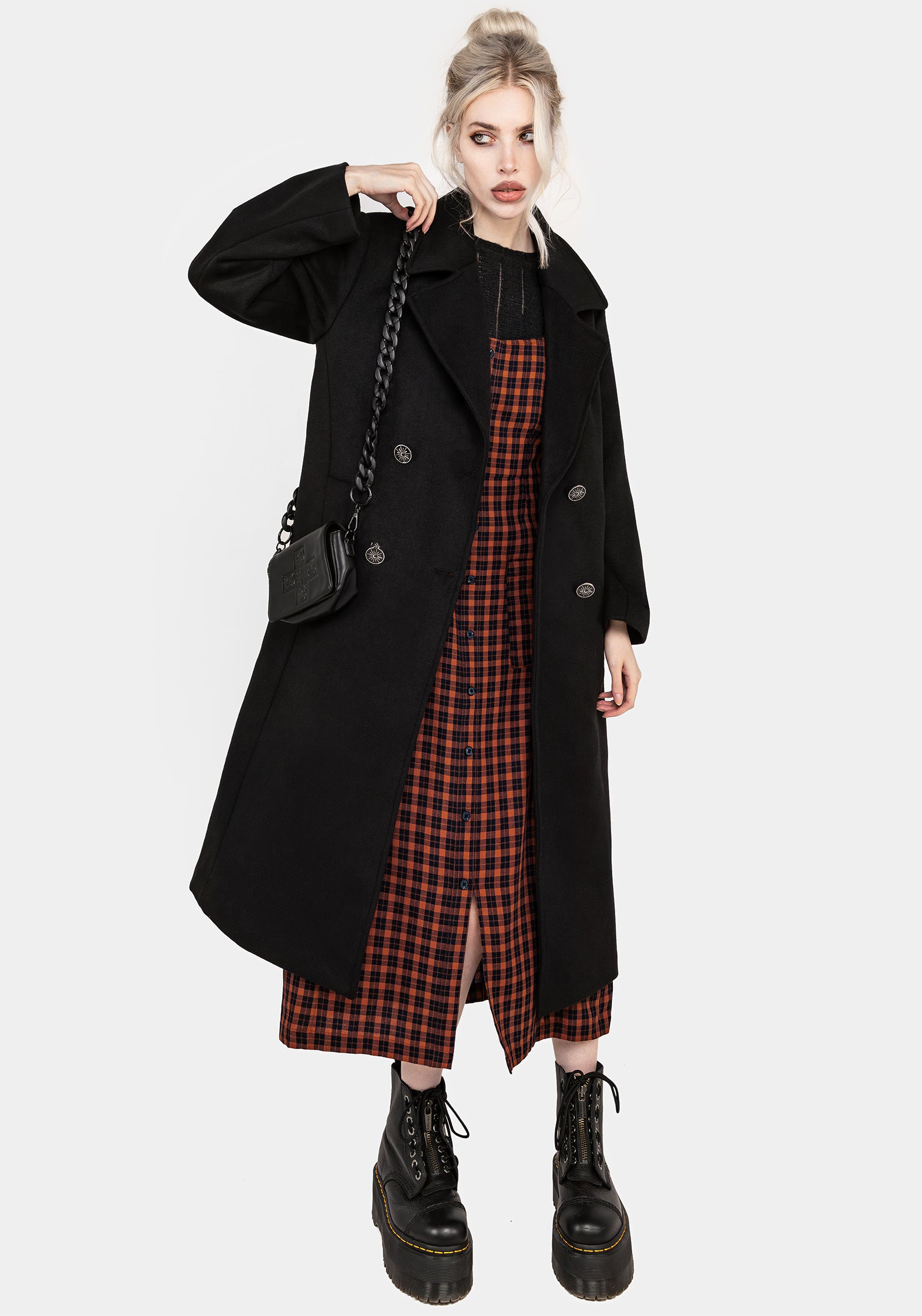 Wool Blend Double Breasted Longline Coat with Moon Buttons | Theia