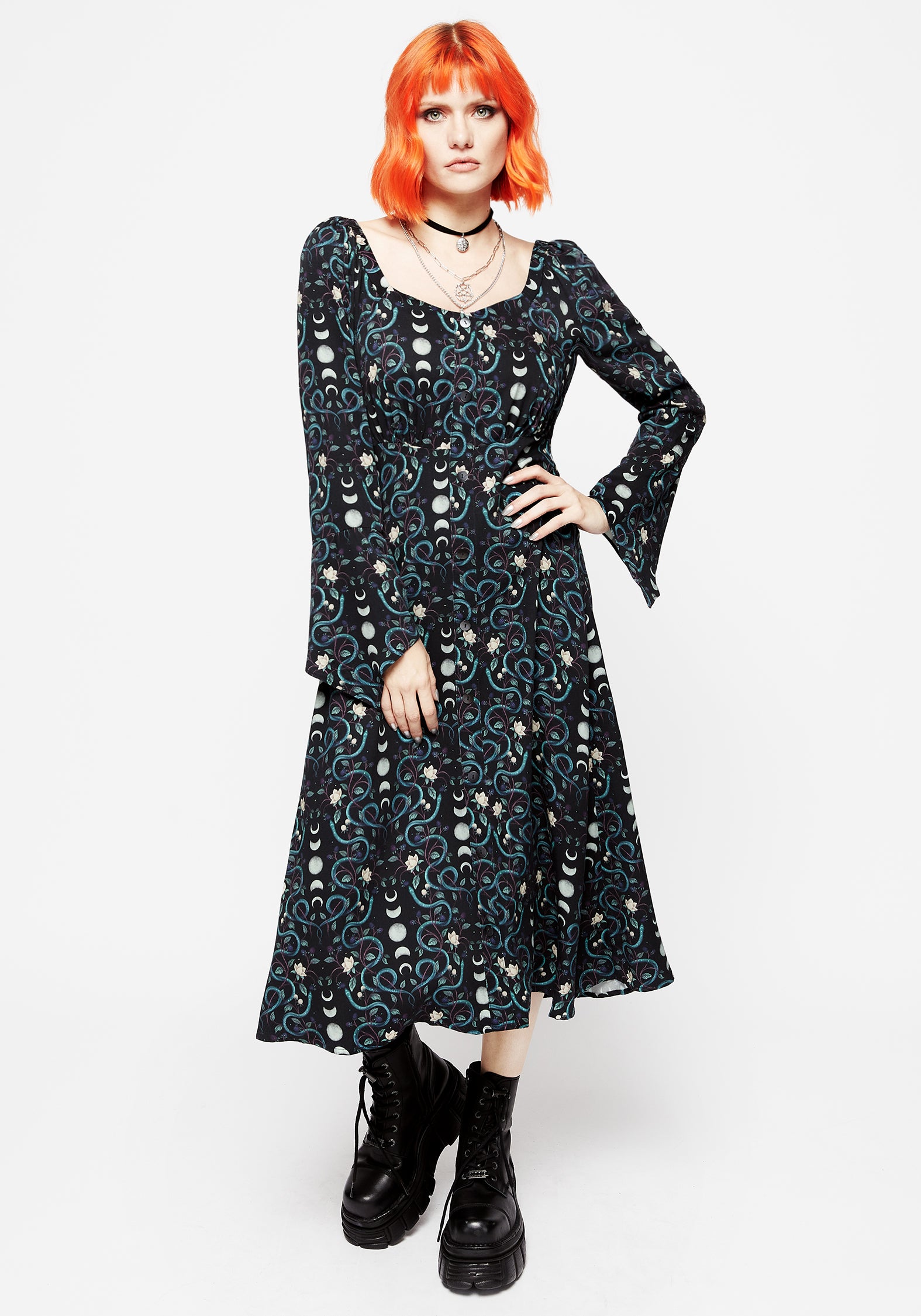 Snake & Moon Print Flute Sleeve Midi Dress | Pythia