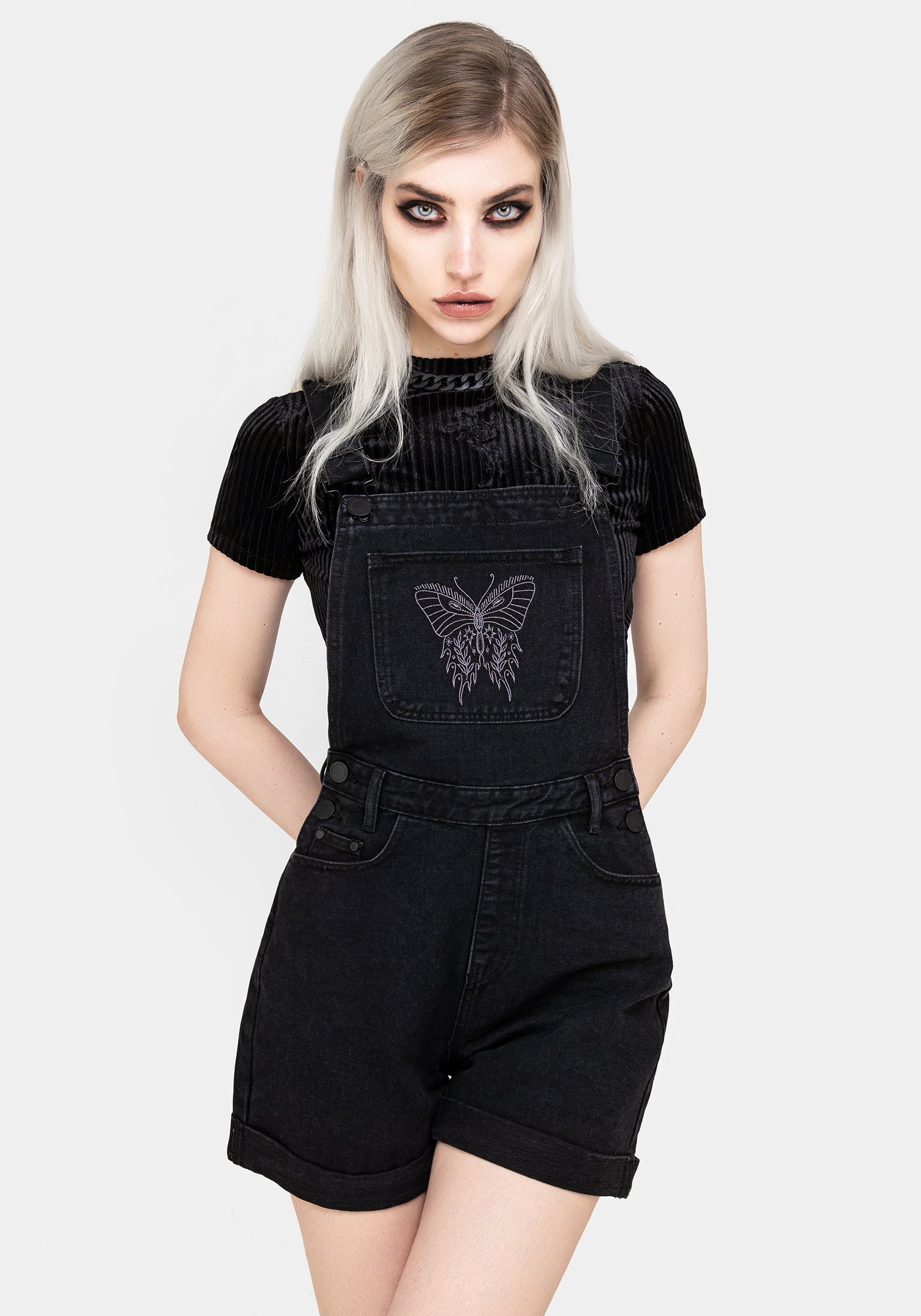 Black Butterfly Embroidered Denim Dungaree Shorts | Papillion