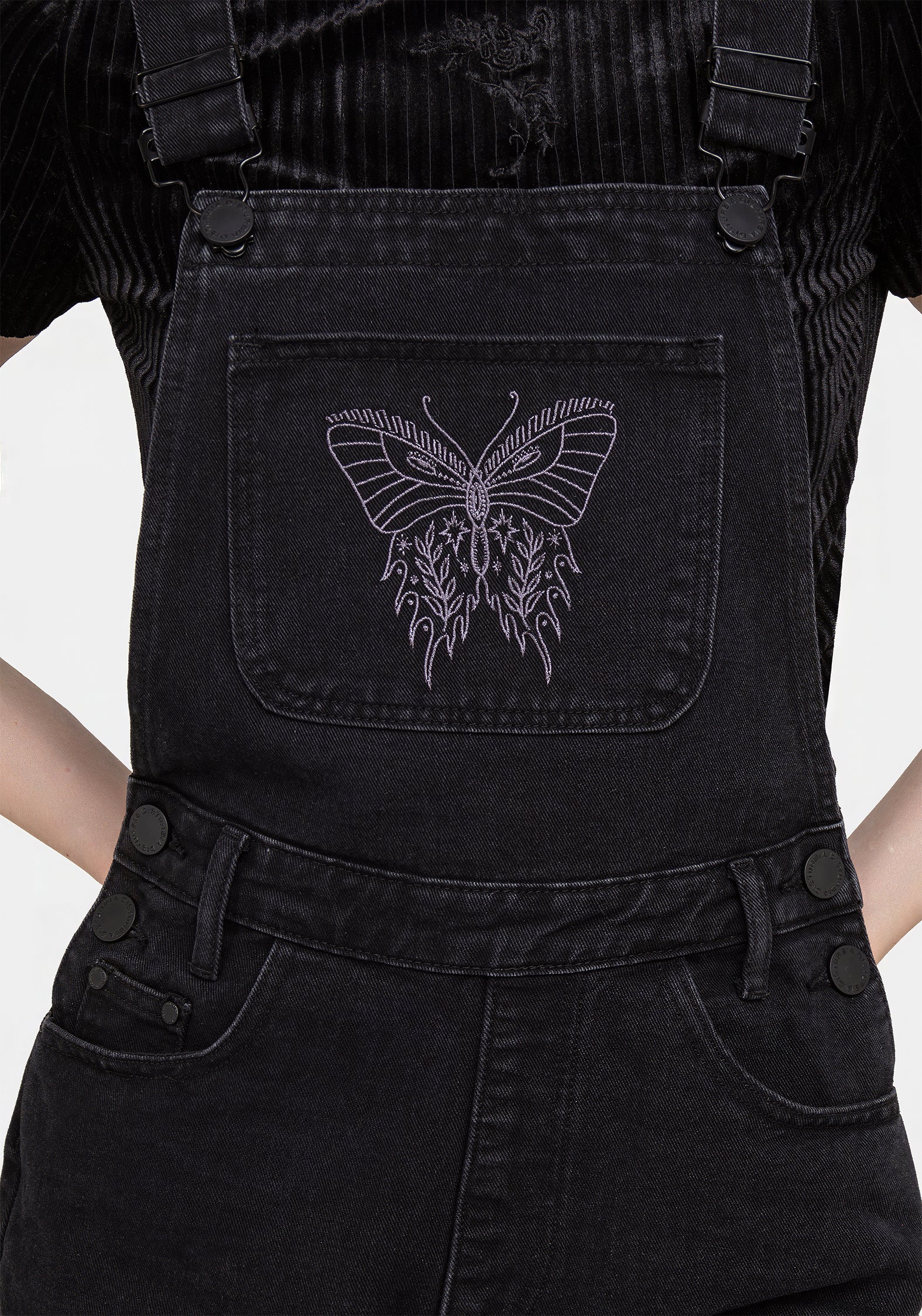 Black Butterfly Embroidered Denim Dungaree Shorts | Papillion
