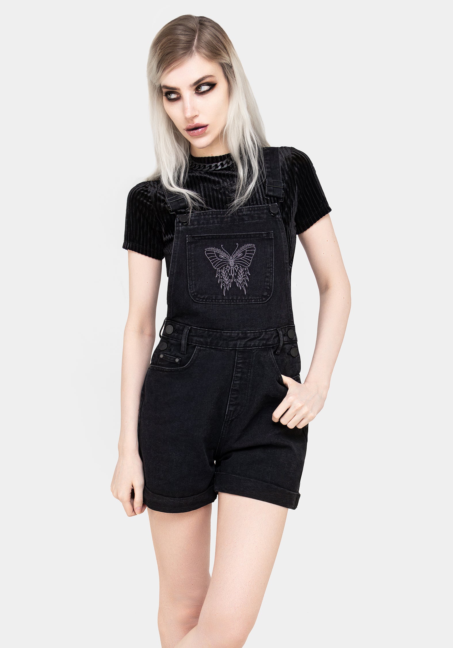Black Butterfly Embroidered Denim Dungaree Shorts | Papillion