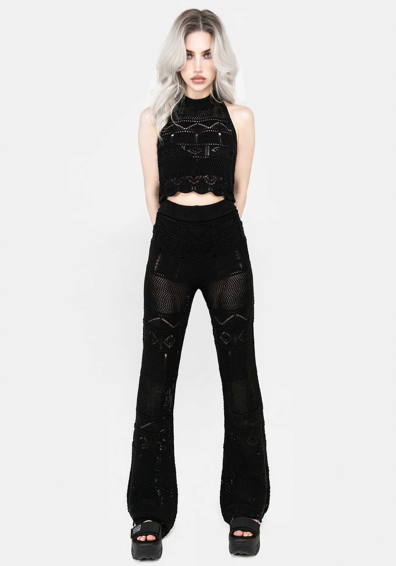 Black Pointelle Flare Trousers for Women | High-Rise Ribbed Waistband