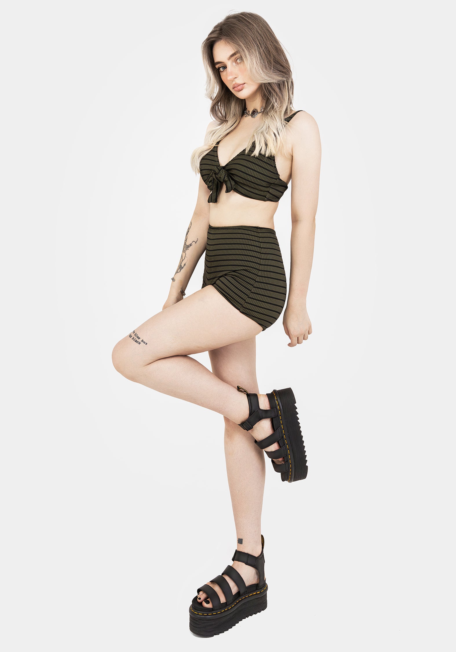 High Waist Swim Shorts with Stripes | Mire Green & Dark Green