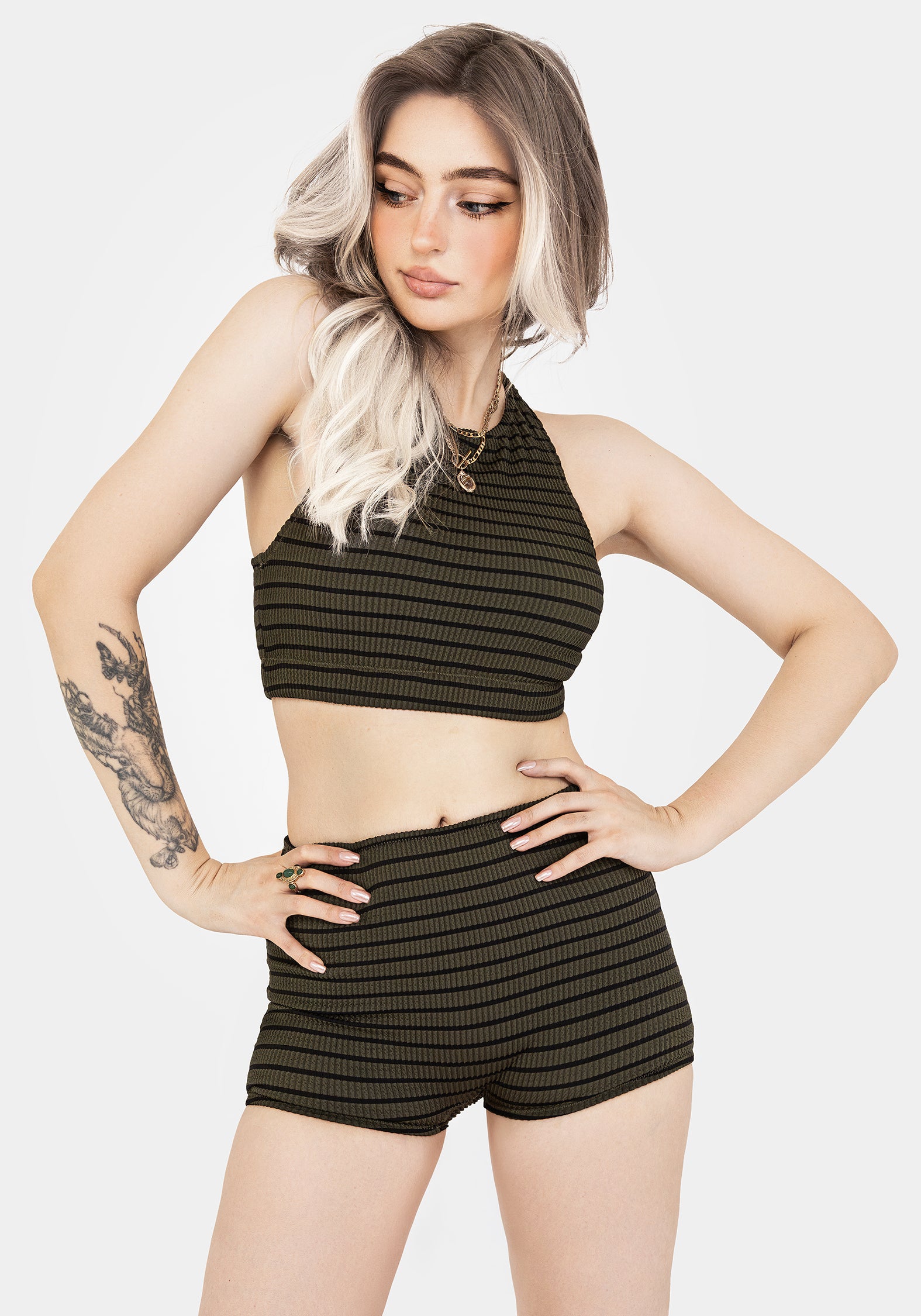 High Waist Swim Shorts with Stripes | Mire Green & Dark Green