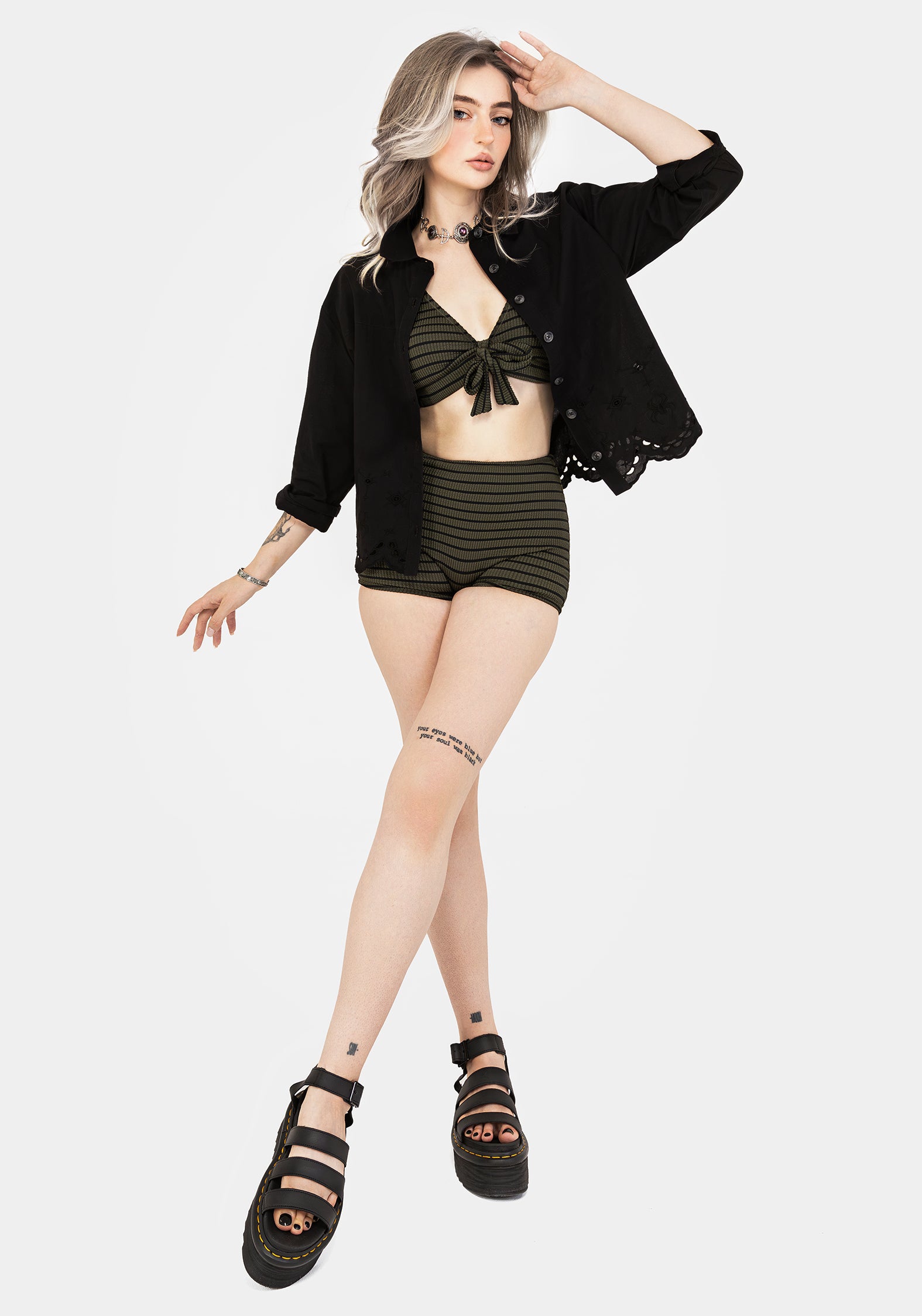 High Waist Swim Shorts with Stripes | Mire Green & Dark Green