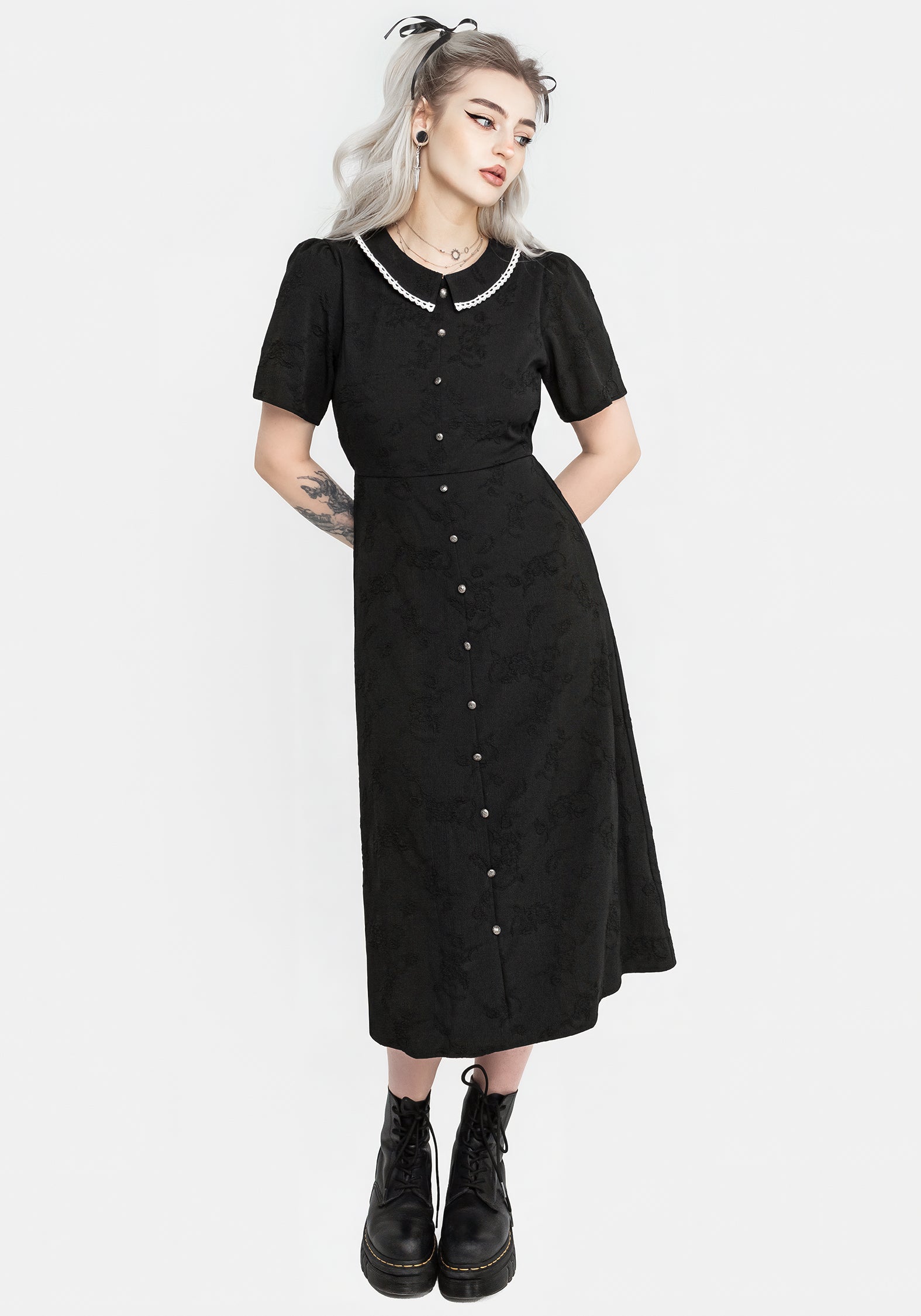 Black Floral Jacquard Midi Dress with Collar & Button Front | Medea