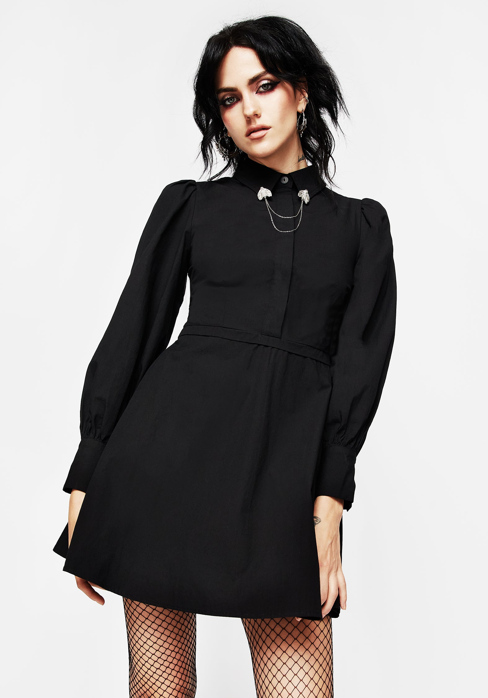 Black Moth Collar Chain Mini Shirt Dress | Styx