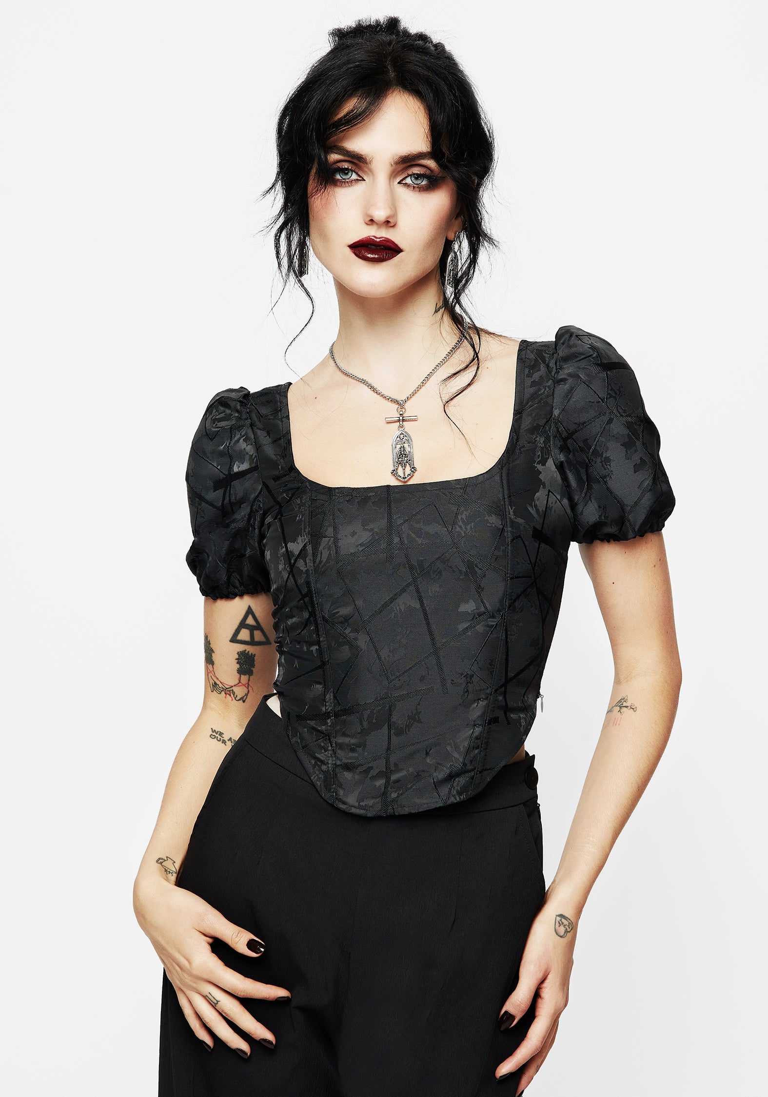 Puff Sleeve Corset Top with Lace-Up Back & Jacquard Fabric | Chatelaine