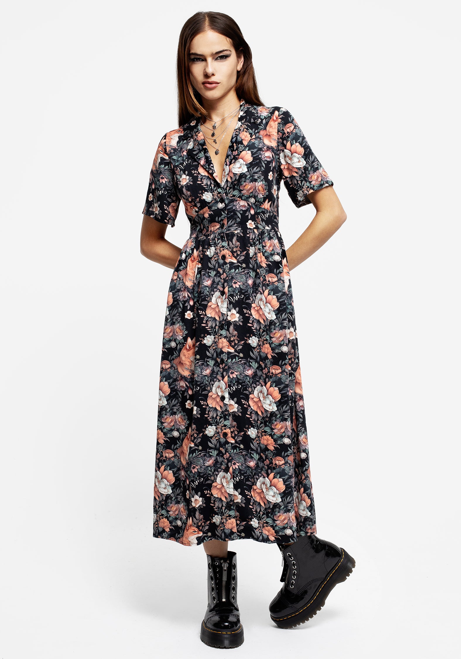 Floral Fox Print Midi Shirt Dress with Pockets | Reynard