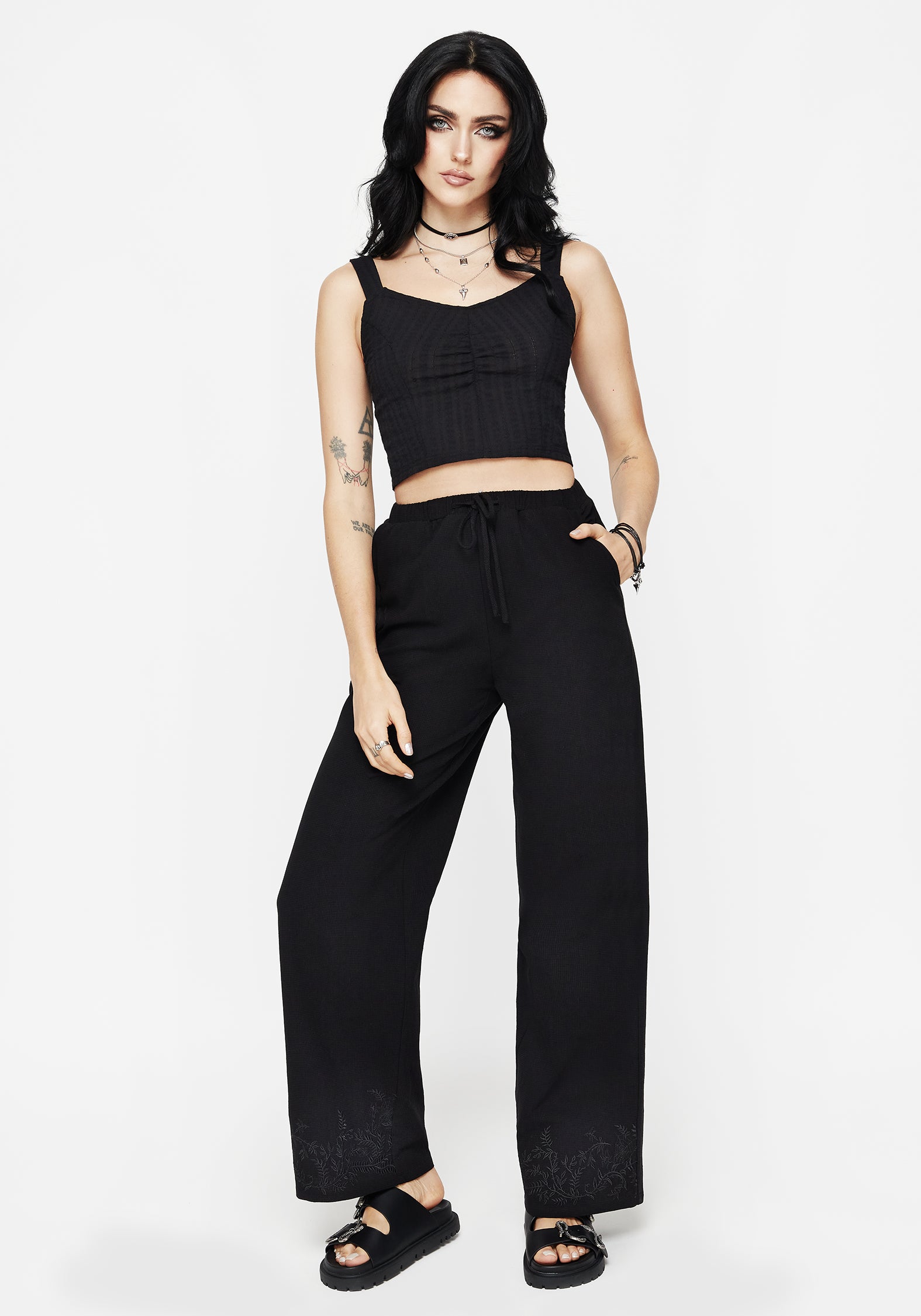 Black Cotton Cropped Cami Top with Shirred Back | Bela
