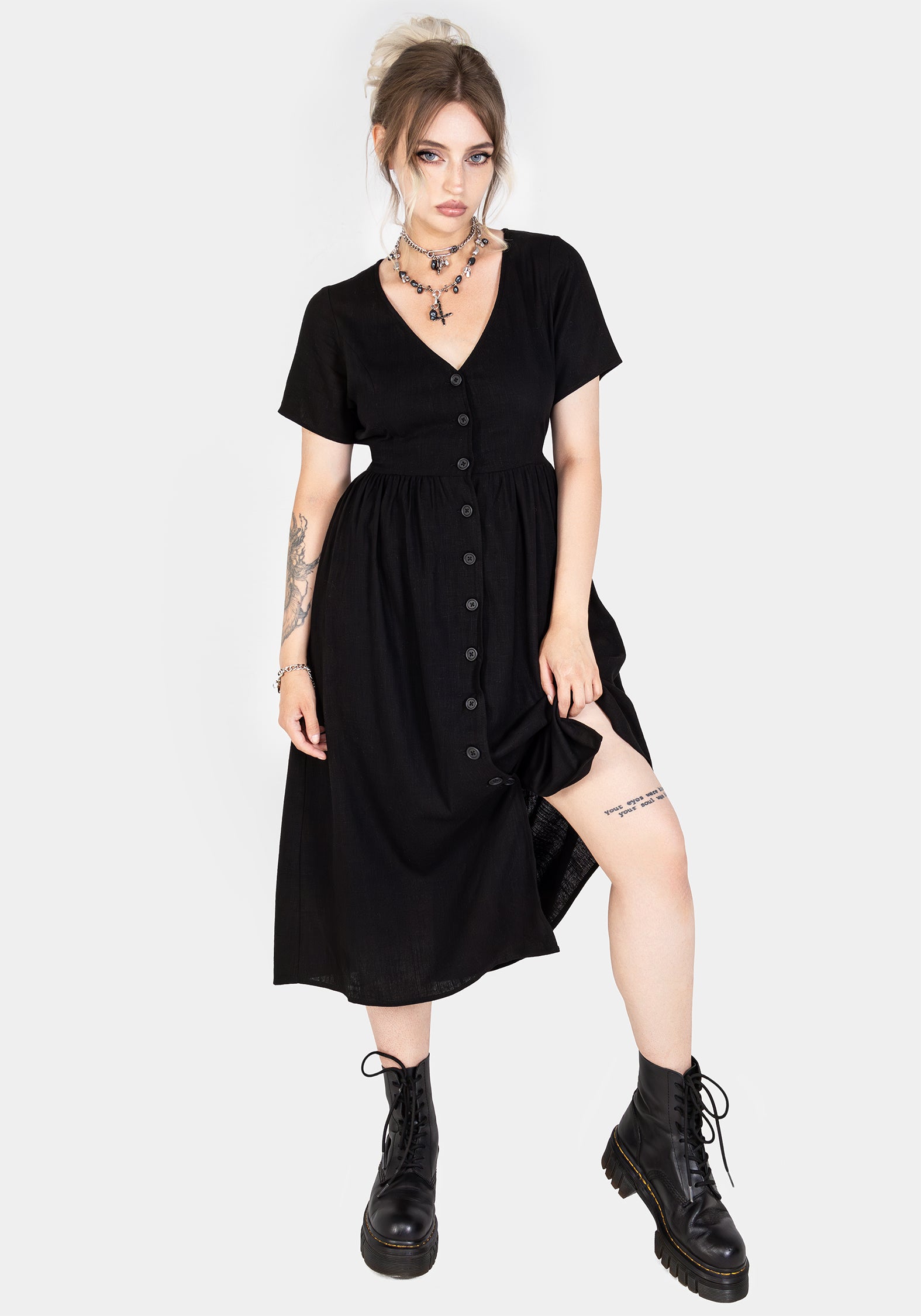 Linen Button-Up Midi Dress with V-Neck & Wooden Buttons | Rowan