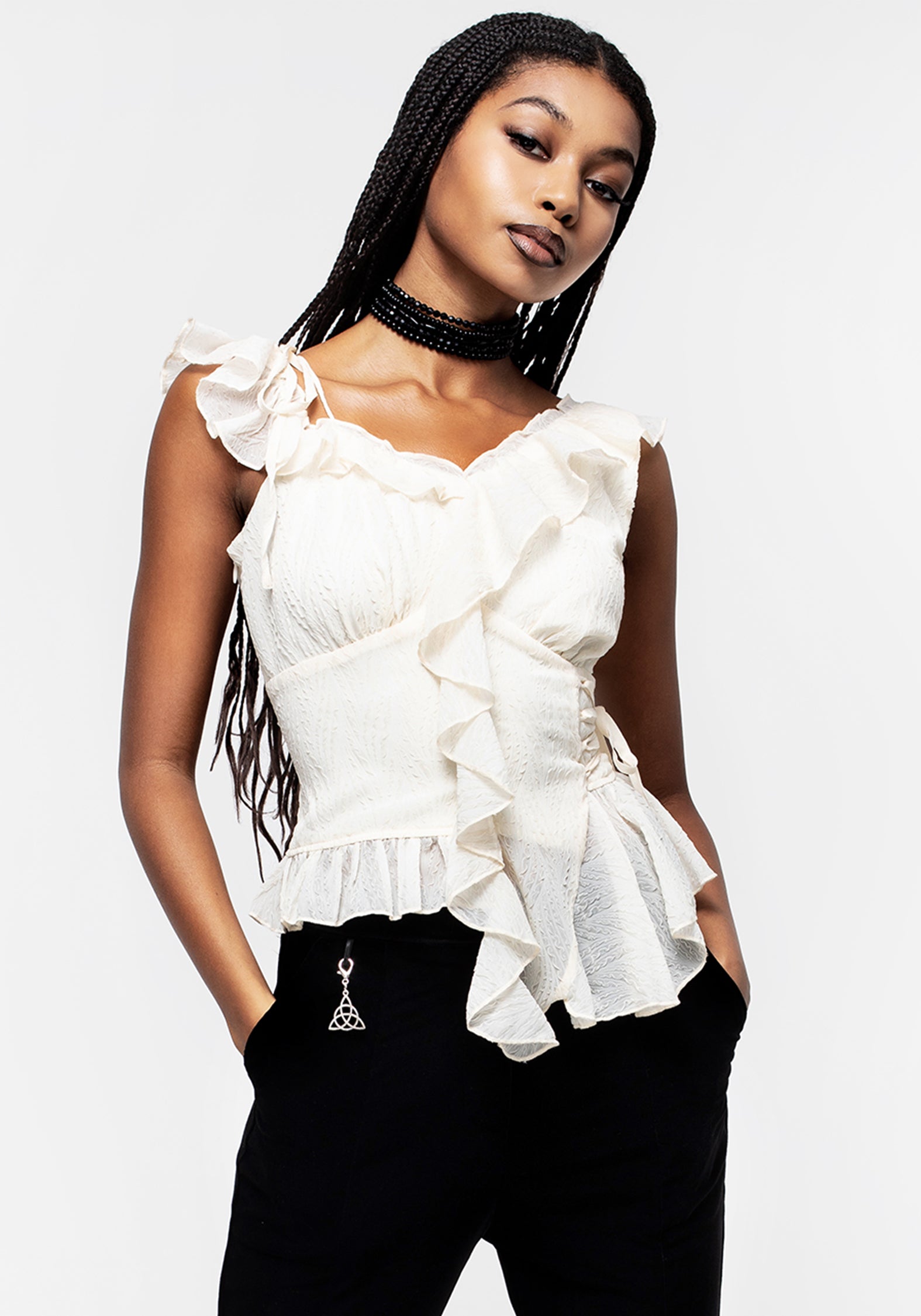 Cream Asymmetric Ruffle Top with Lace-Up Detail | Verona