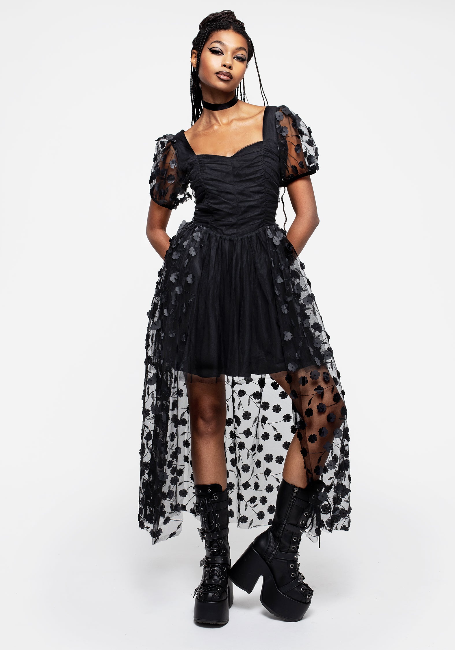 Black Tulle High-Low Gown with Floral Applique | Disenchanted Dress