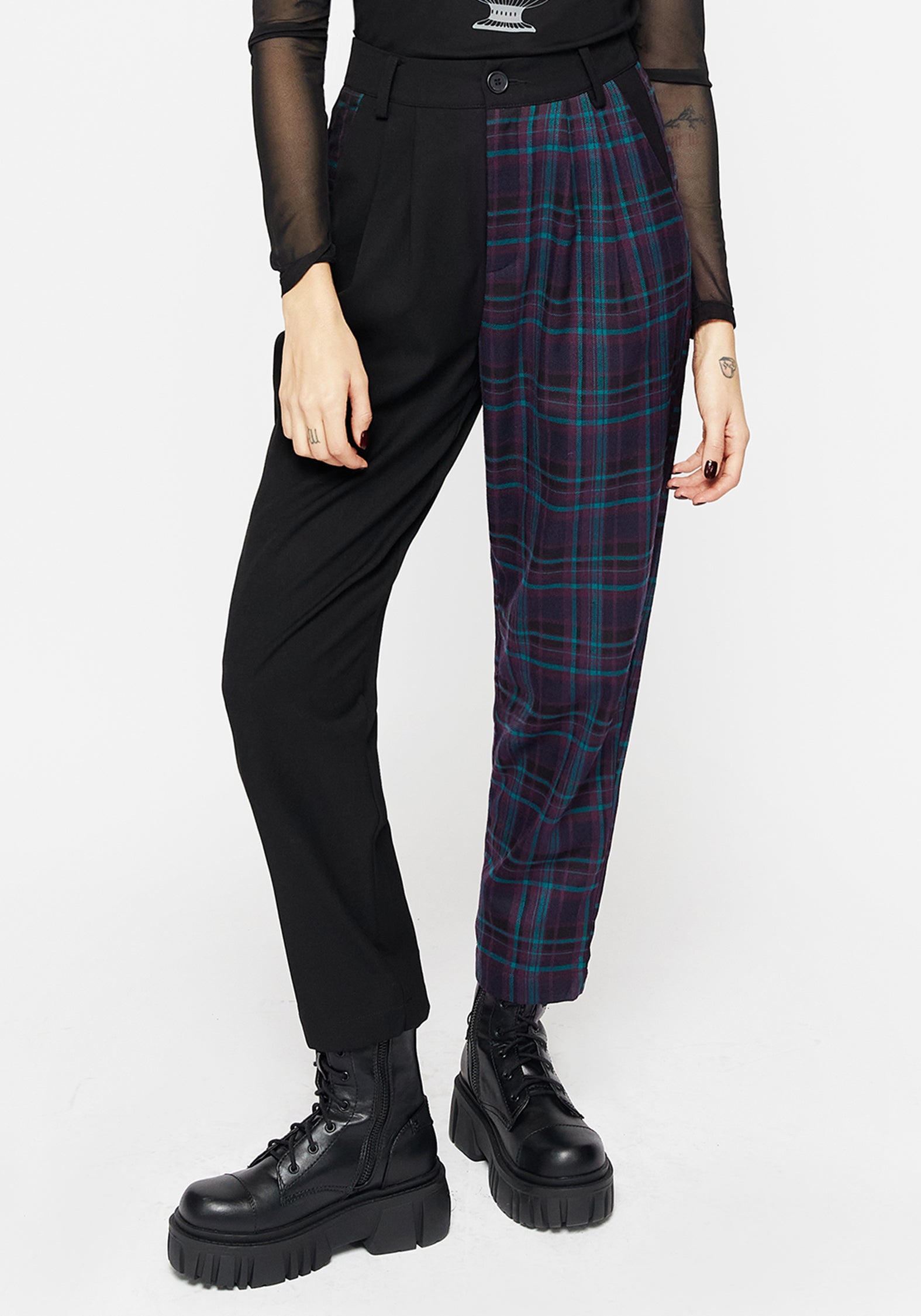 High Waist Tapered Trousers with Spliced Check Design | Flattering Pleated Front