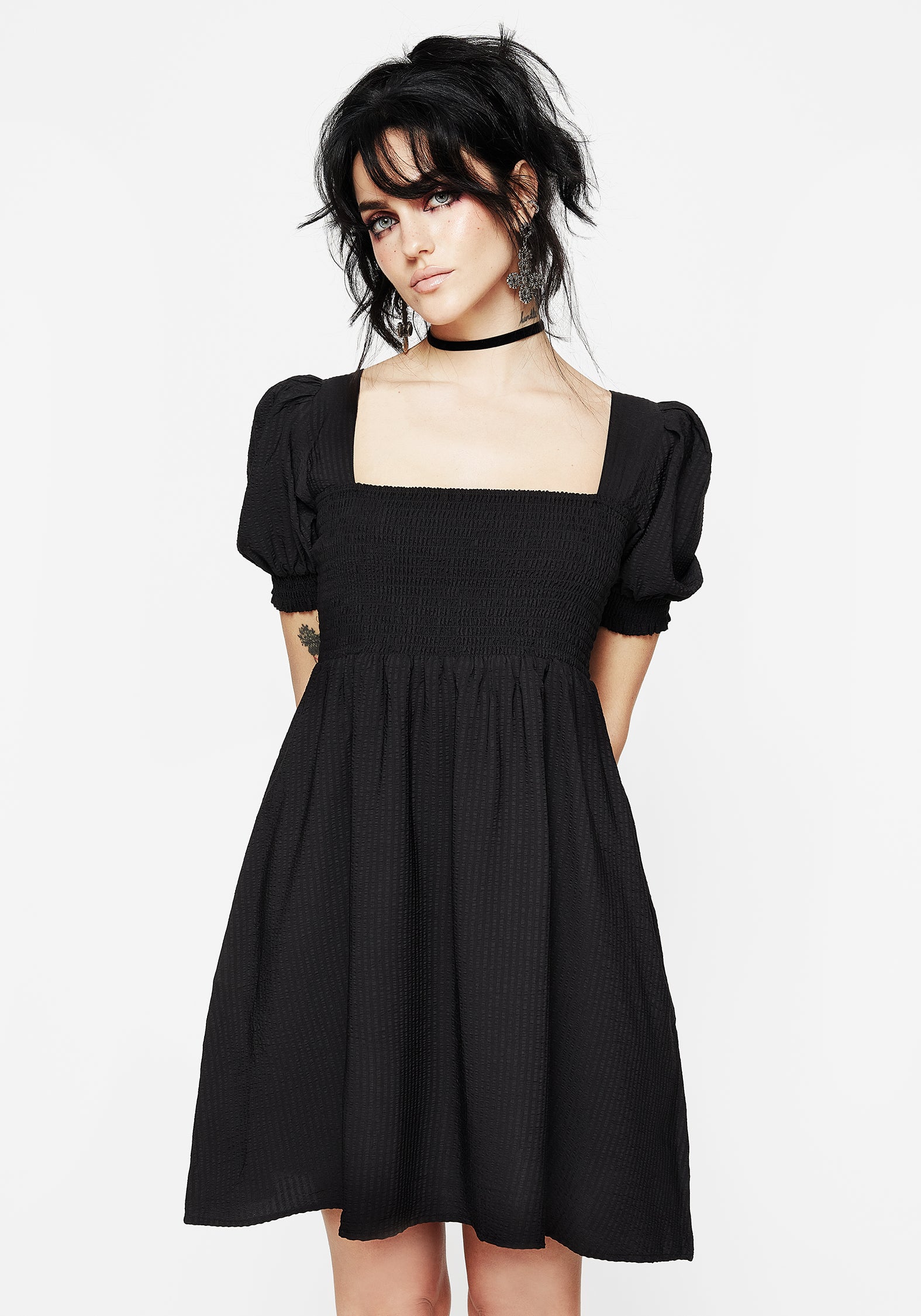 Black Puff Sleeve Mini Dress with Pockets | Morna