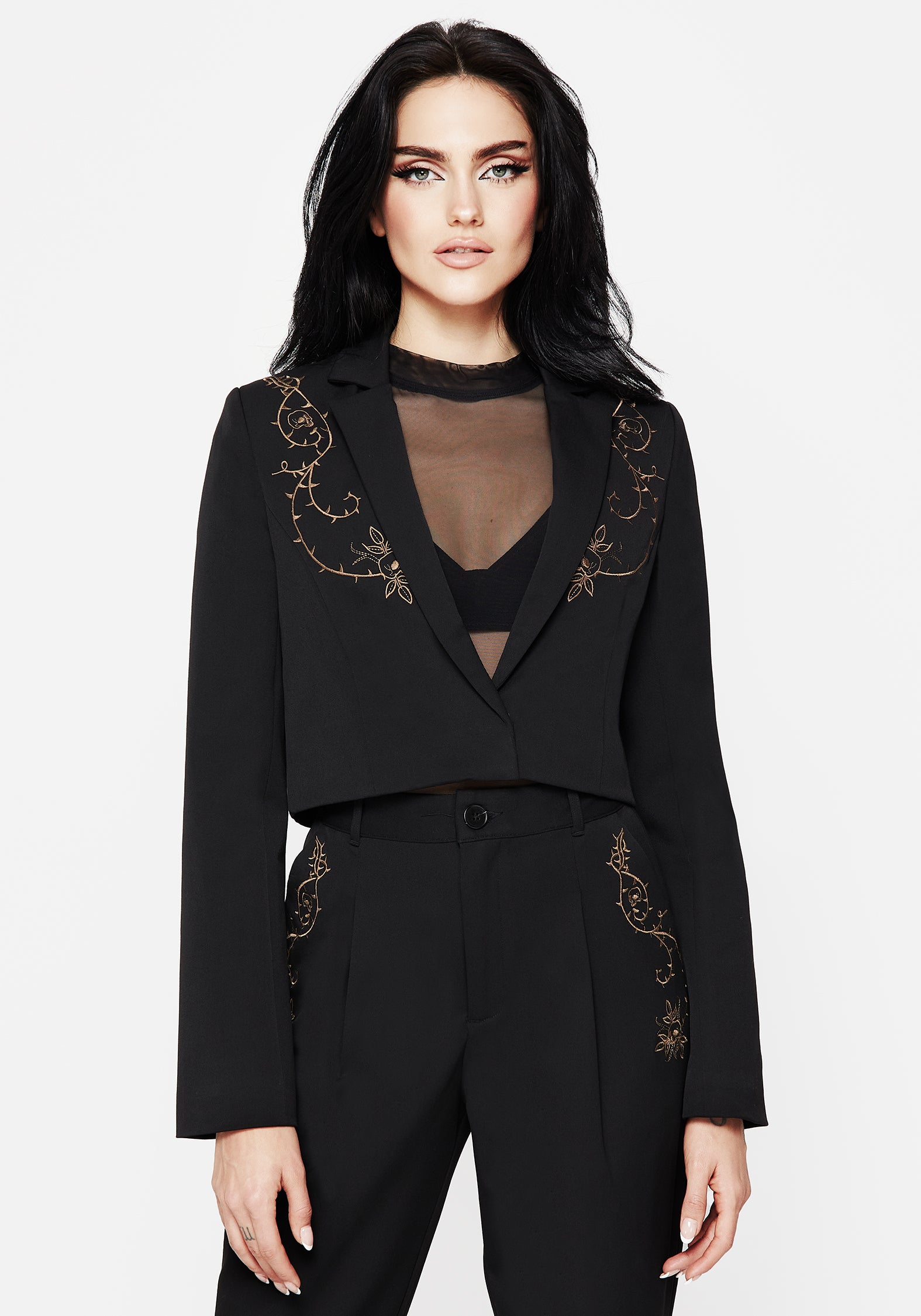 Black Thorn Embroidered Crop Blazer | Vanitas