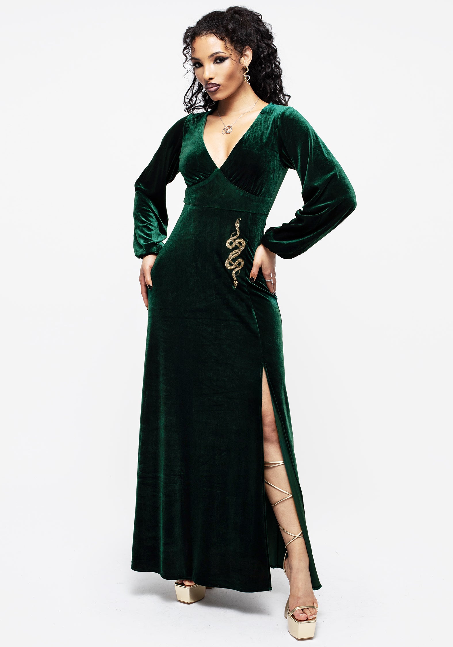 Green Velour Maxi Dress with Snake Embroidery | Zarina