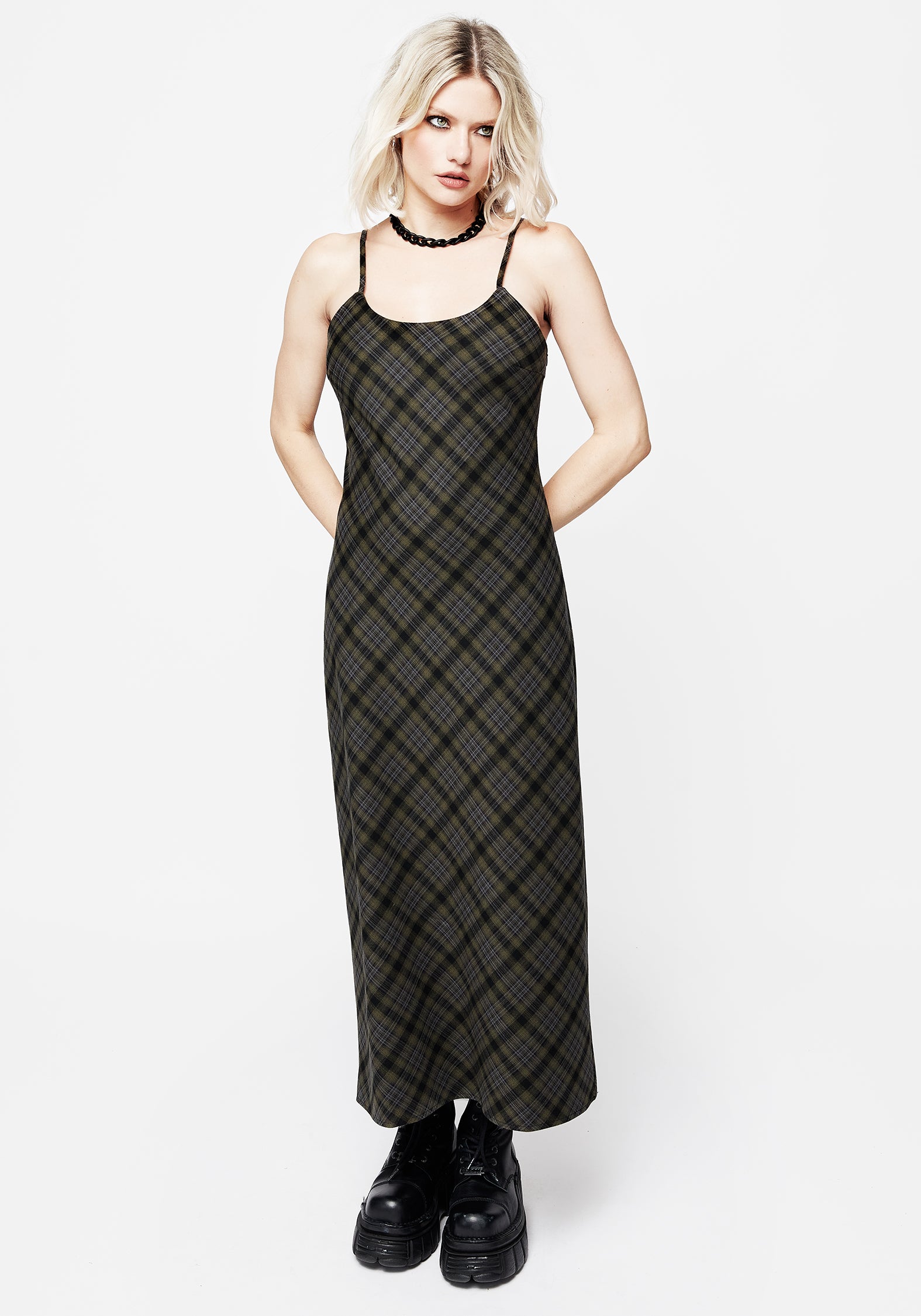 Green & Black Check Midaxi Cami Dress with Adjustable Straps | Reseda