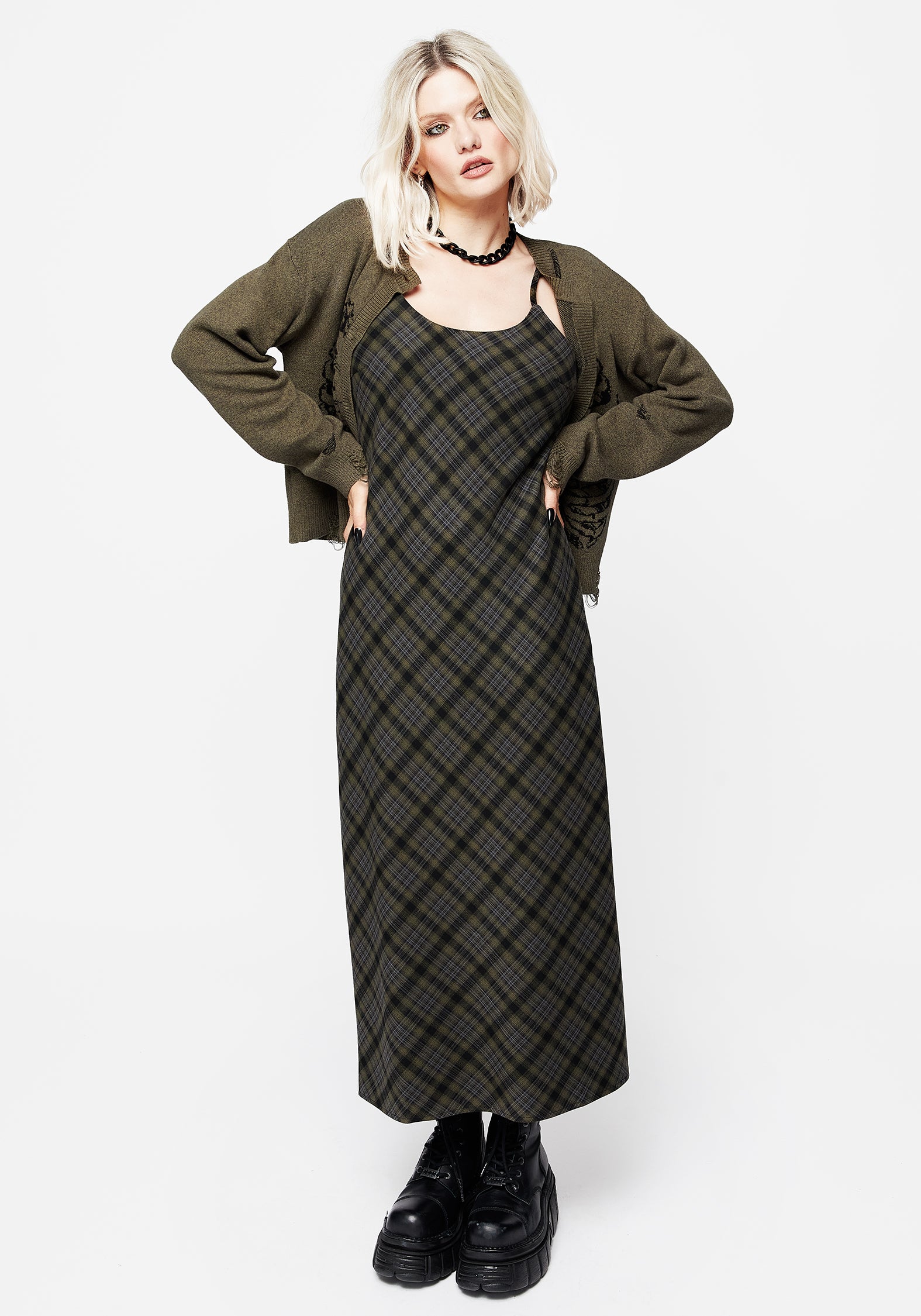Green & Black Check Midaxi Cami Dress with Adjustable Straps | Reseda