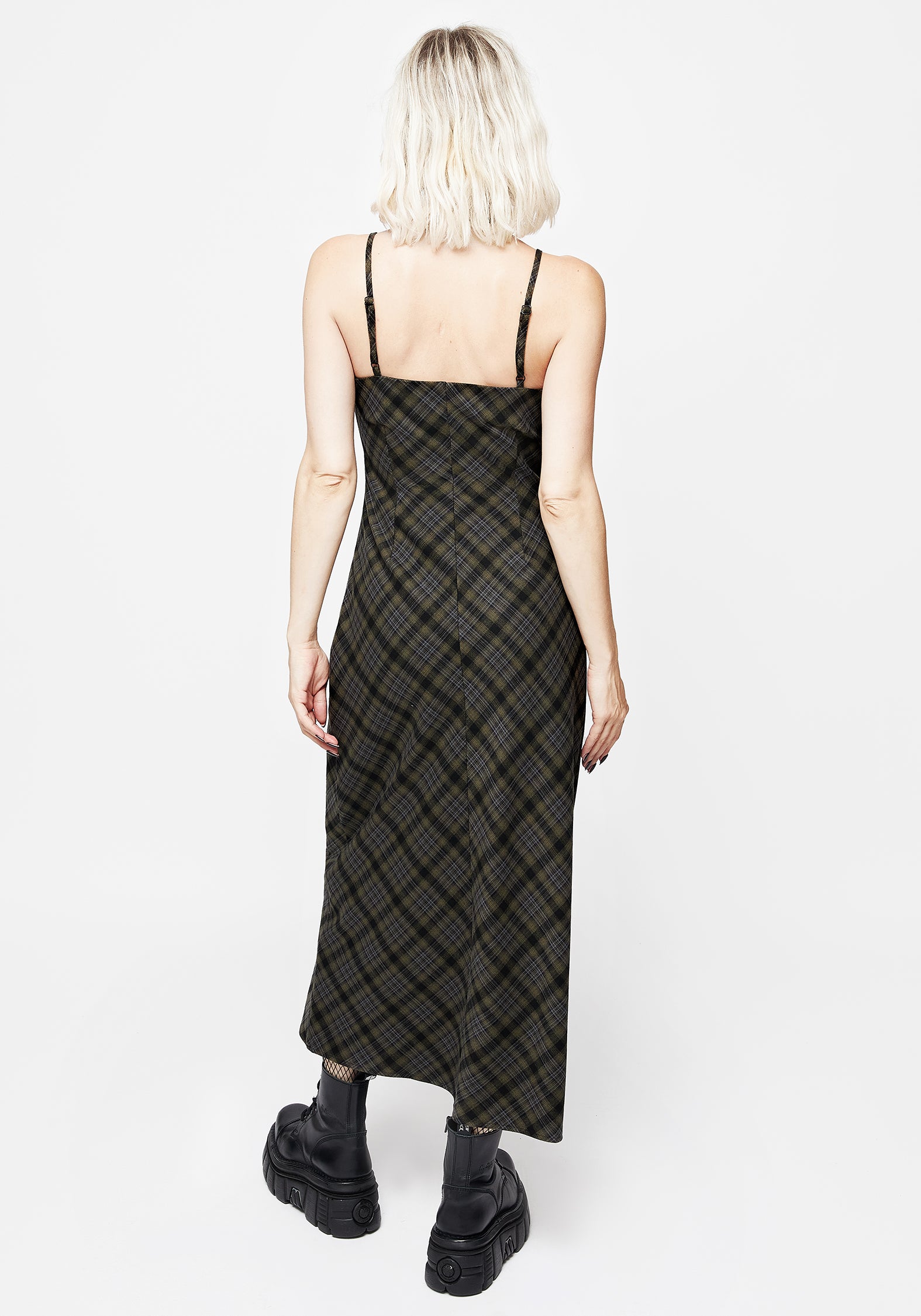 Green & Black Check Midaxi Cami Dress with Adjustable Straps | Reseda