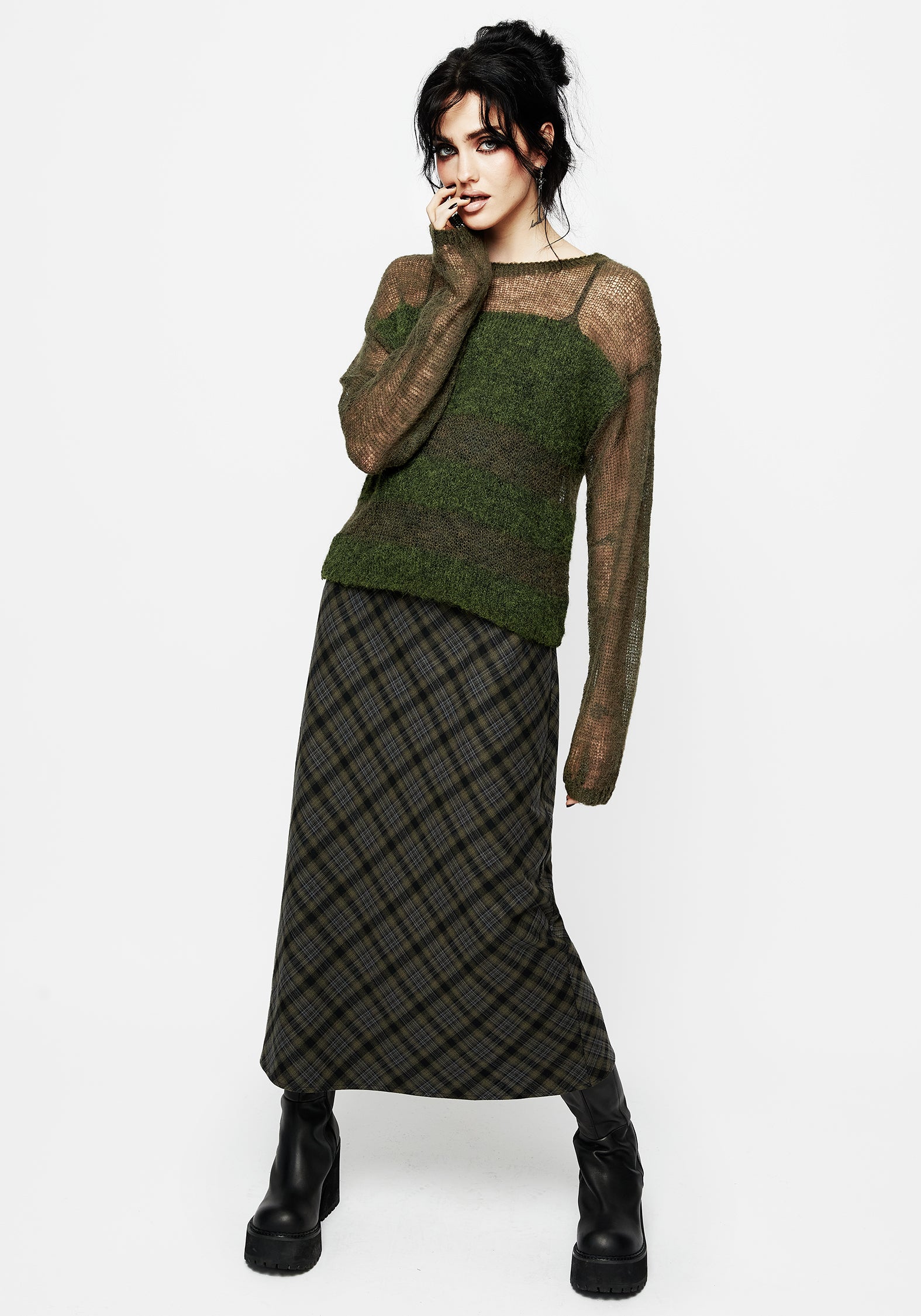 Green & Black Check Midaxi Cami Dress with Adjustable Straps | Reseda