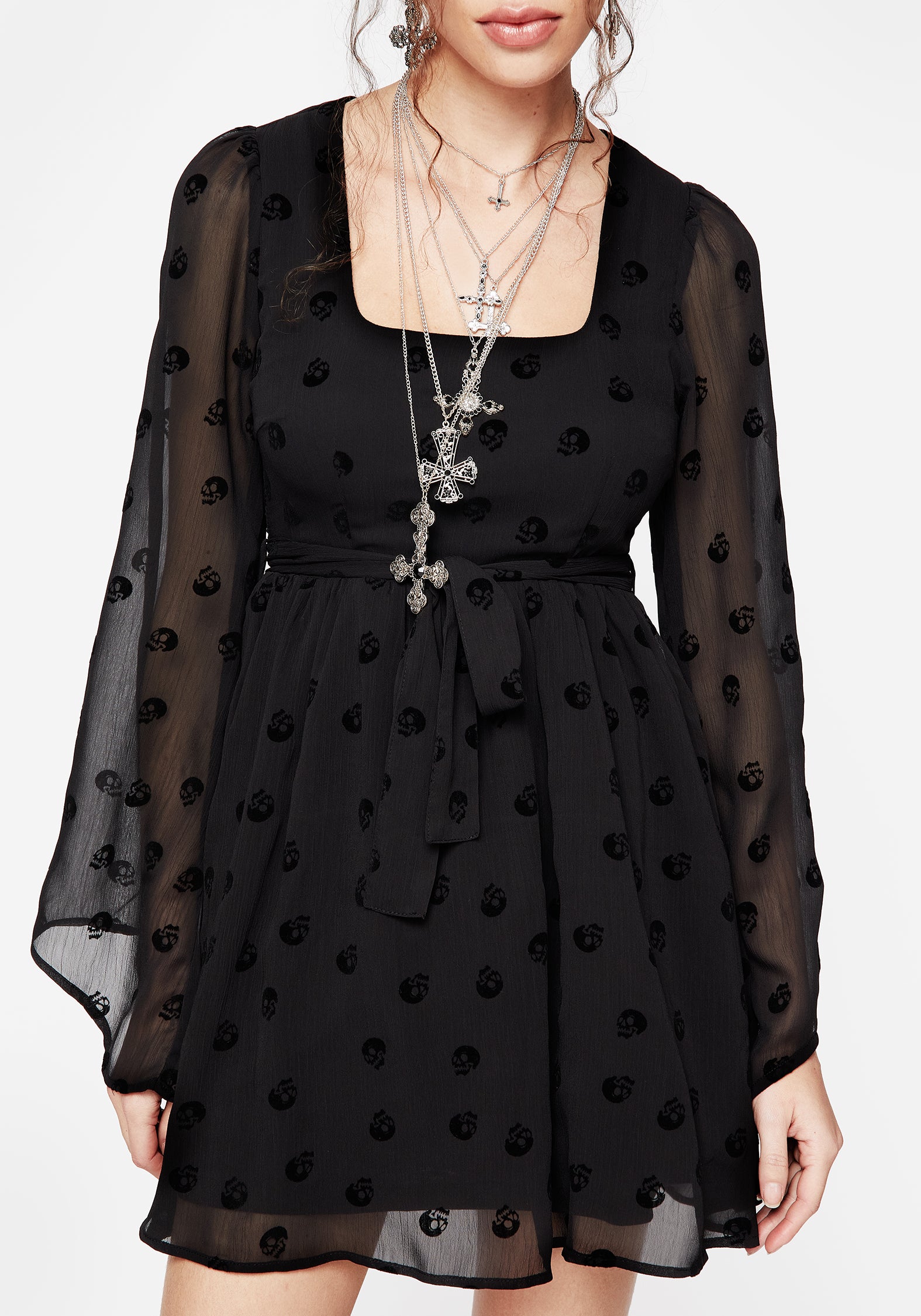 Black Skull Flocked Chiffon Mini Dress | Memento Mori