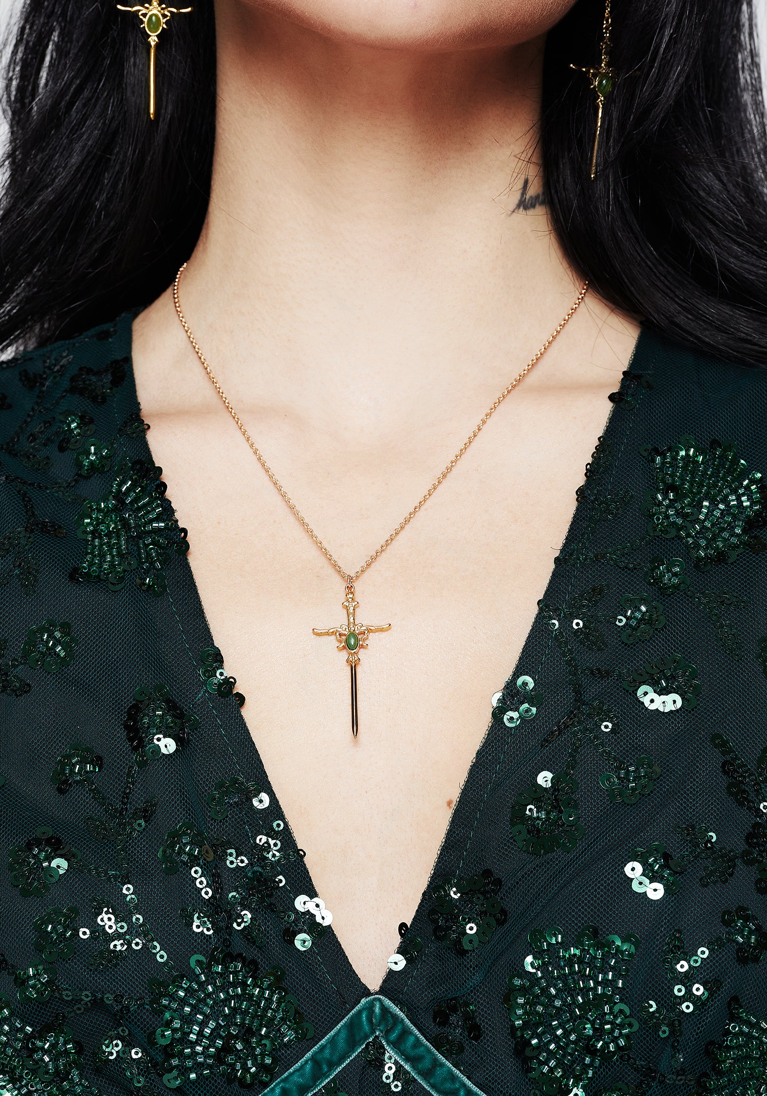 Green Gemstone Sword Necklace with Gold Chain | Galatine