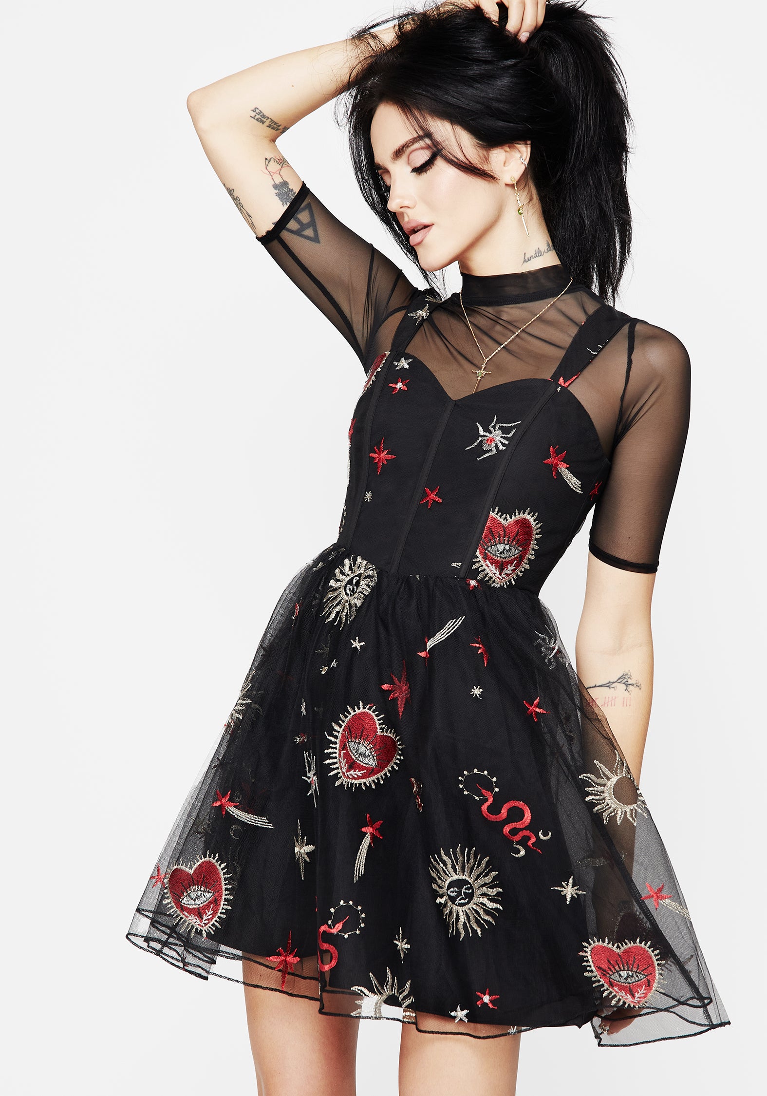 Black & Red Metallic Embroidered Corset Mini Dress | Bloodlust