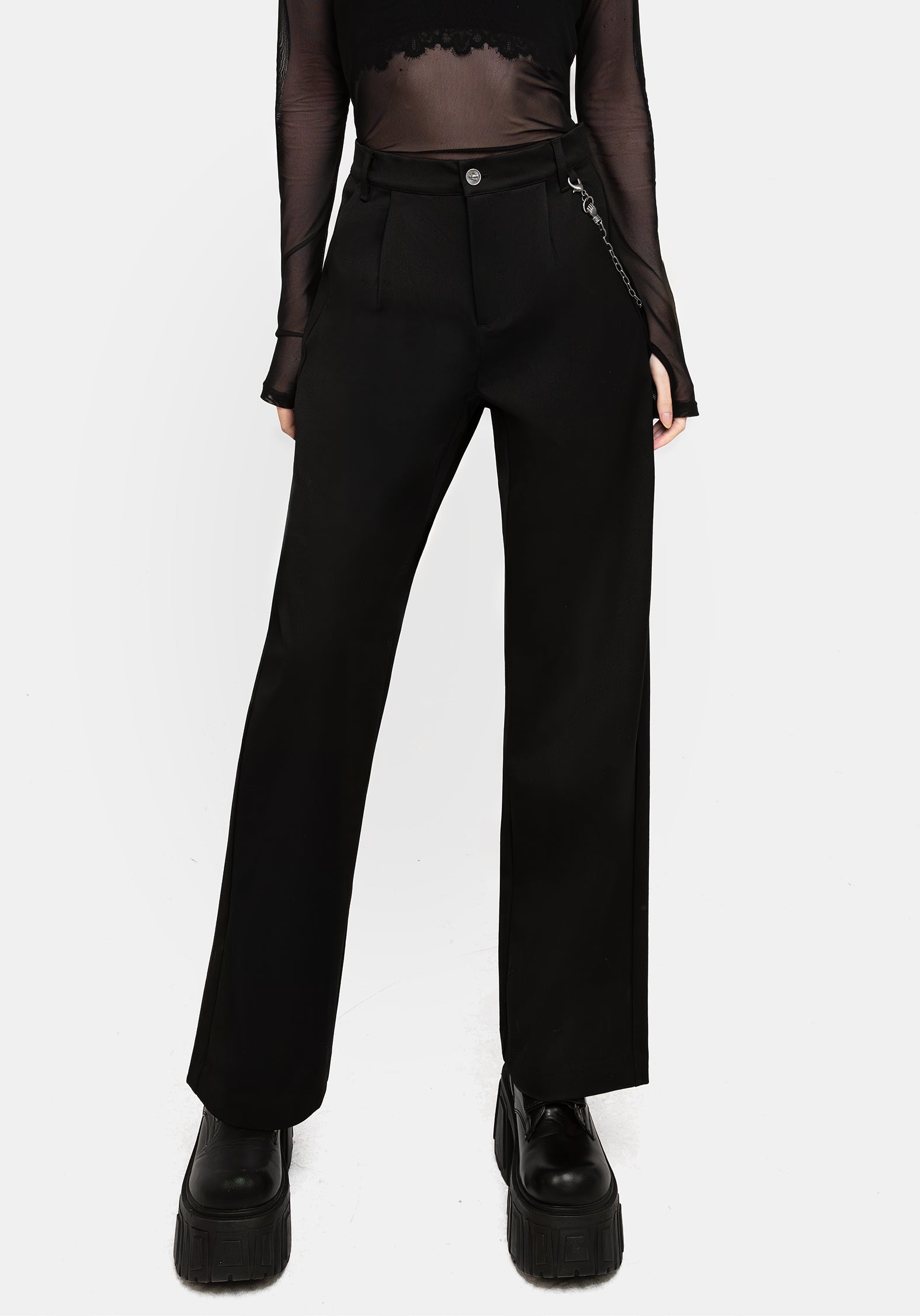 High-Rise Straight Leg Trousers with Hand Chain Detail | Black Tailored Pants
